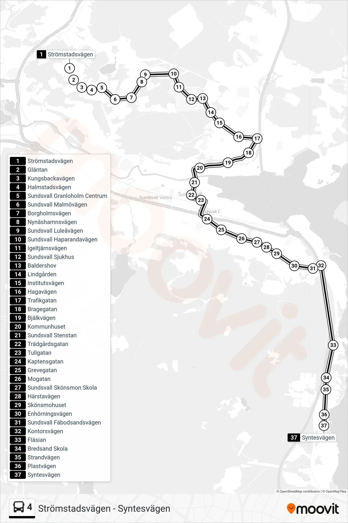 Rutt och hållplatser på karta för linje 4 spårvagn, (Syntesvägen)