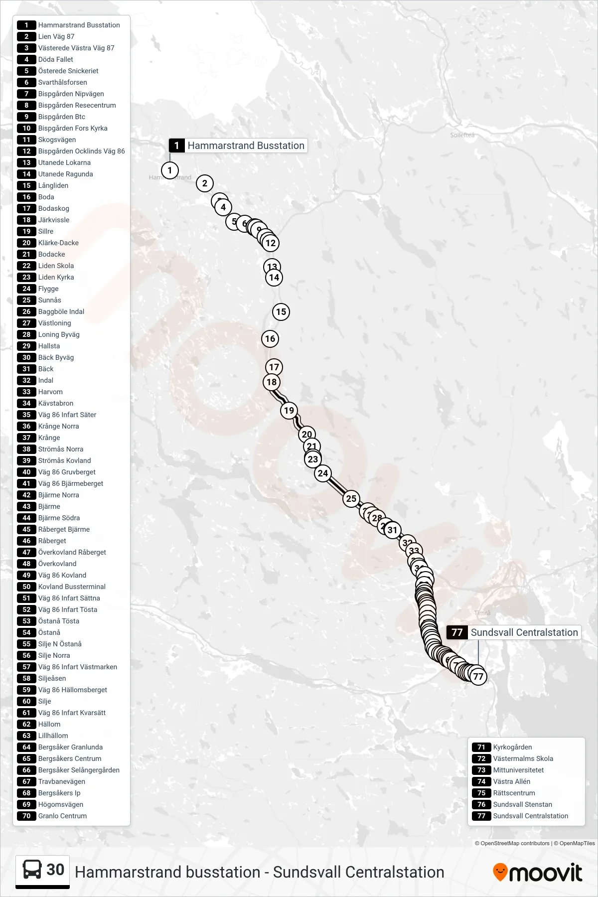 Rutt och hållplatser på karta för linje 30 spårvagn, (Sundsvall Centralstation)