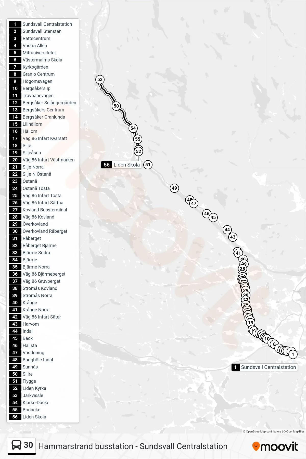 Rutt och hållplatser på karta för linje 30 spårvagn, (Liden Skola)