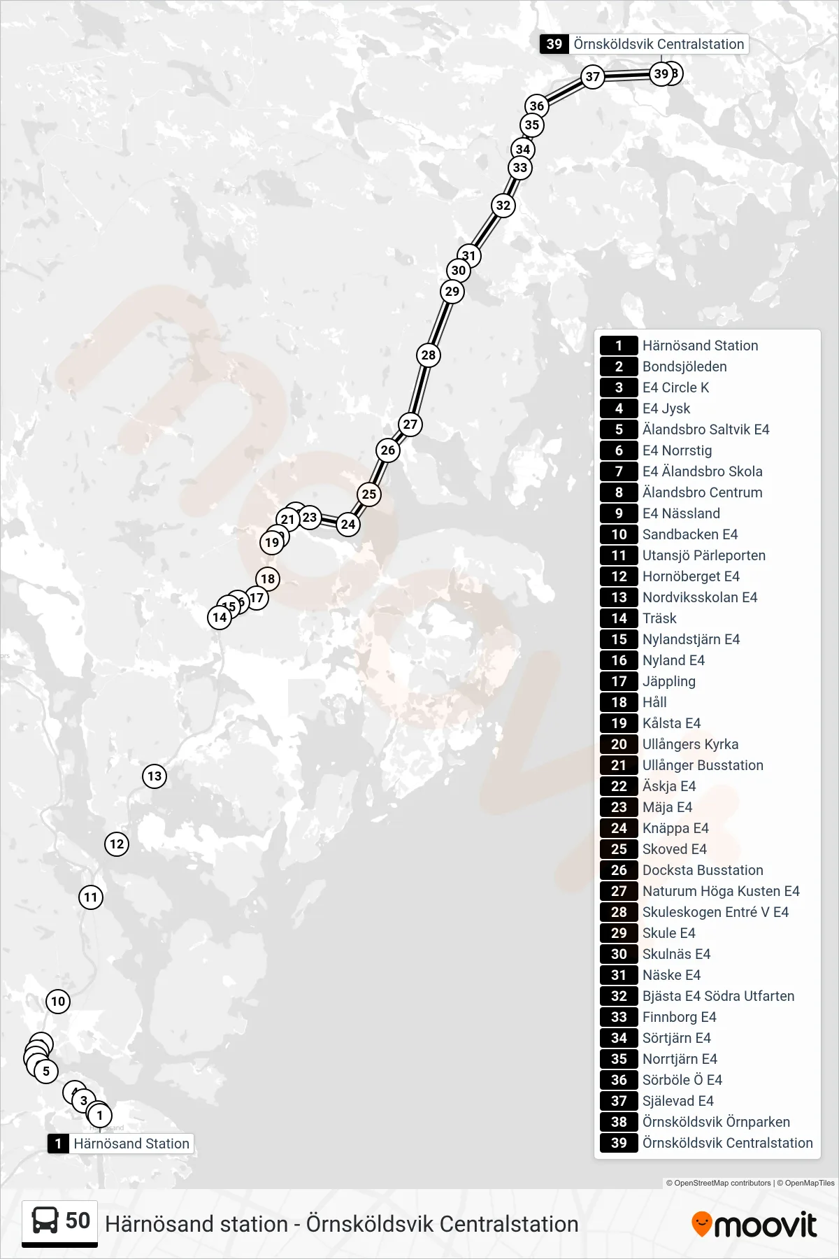 Rutt och hållplatser på karta för linje 50  spårvagn, (Örnsköldsvik Centralstation)