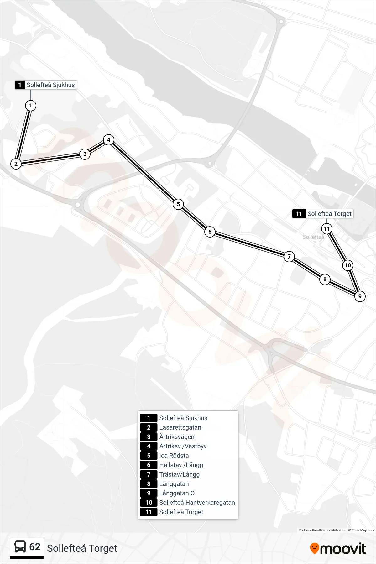 Rutt och hållplatser på karta för linje 62  spårvagn, (Sollefteå Torget)
