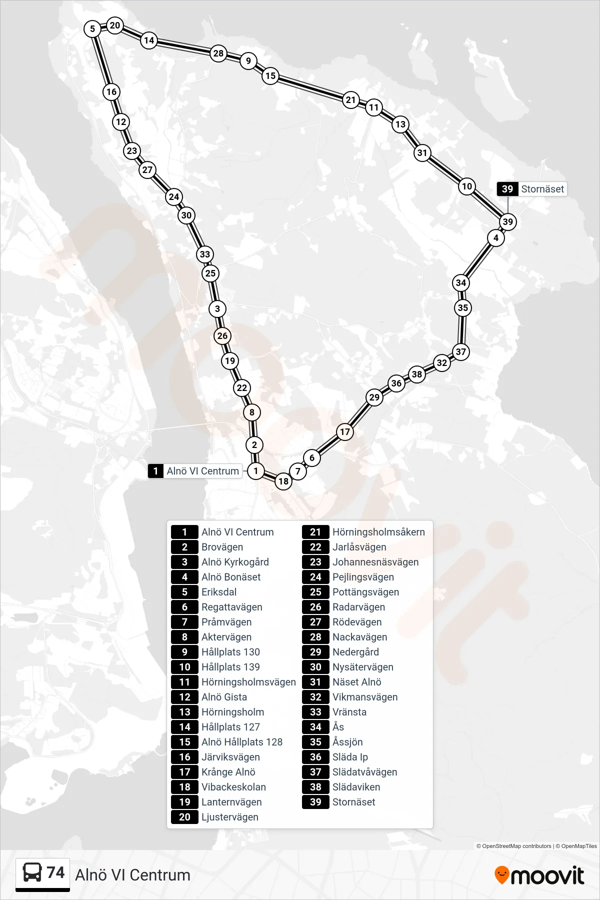 Rutt och hållplatser på karta för linje 74  spårvagn, (Alnö VI Centrum)