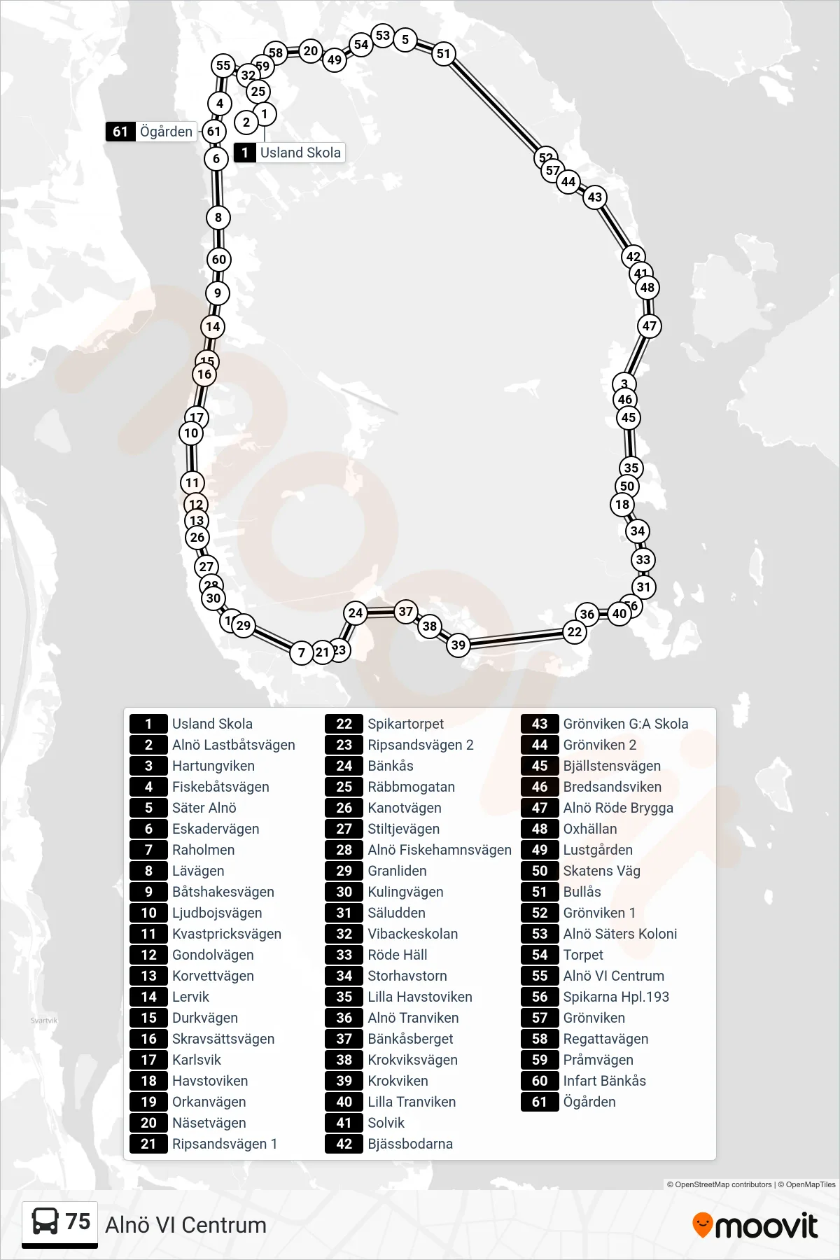 Rutt och hållplatser på karta för linje 75  spårvagn, (Alnö VI Centrum)