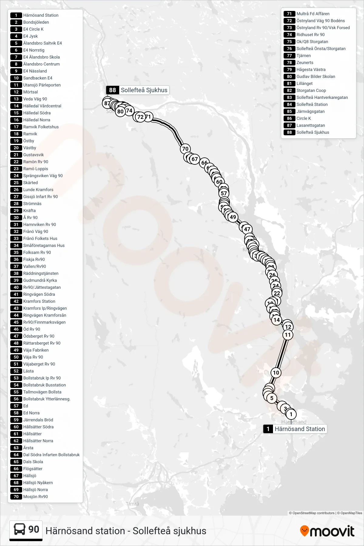 Rutt och hållplatser på karta för linje 90  spårvagn, (Sollefteå Sjukhus)