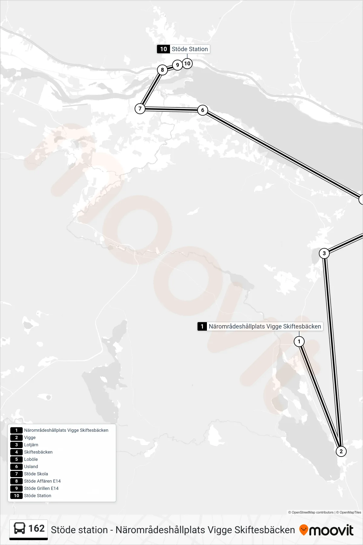 Rutt och hållplatser på karta för linje 162  spårvagn, (Stöde Station)