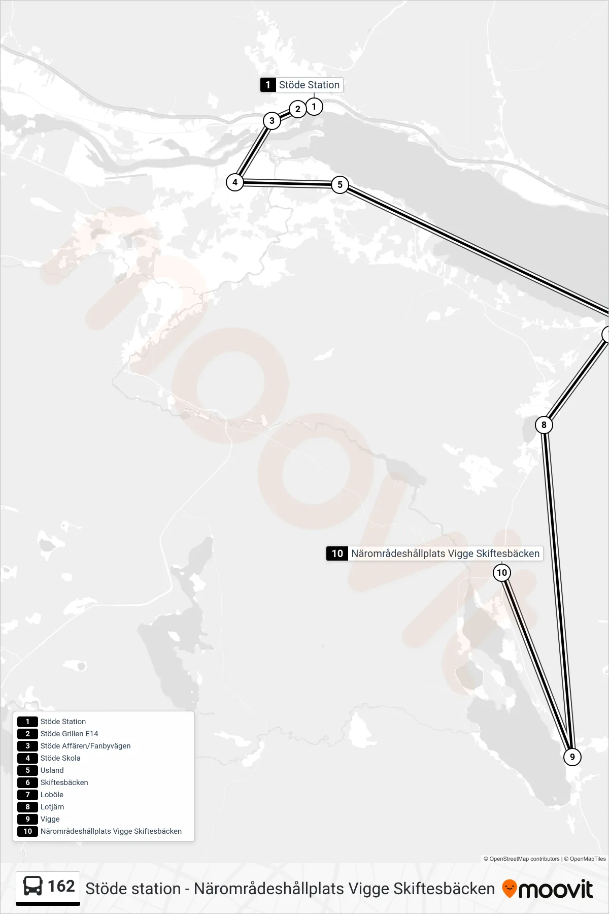 Rutt och hållplatser på karta för linje 162  spårvagn, (Närområdeshållplats Vigge Skiftesbäcken)
