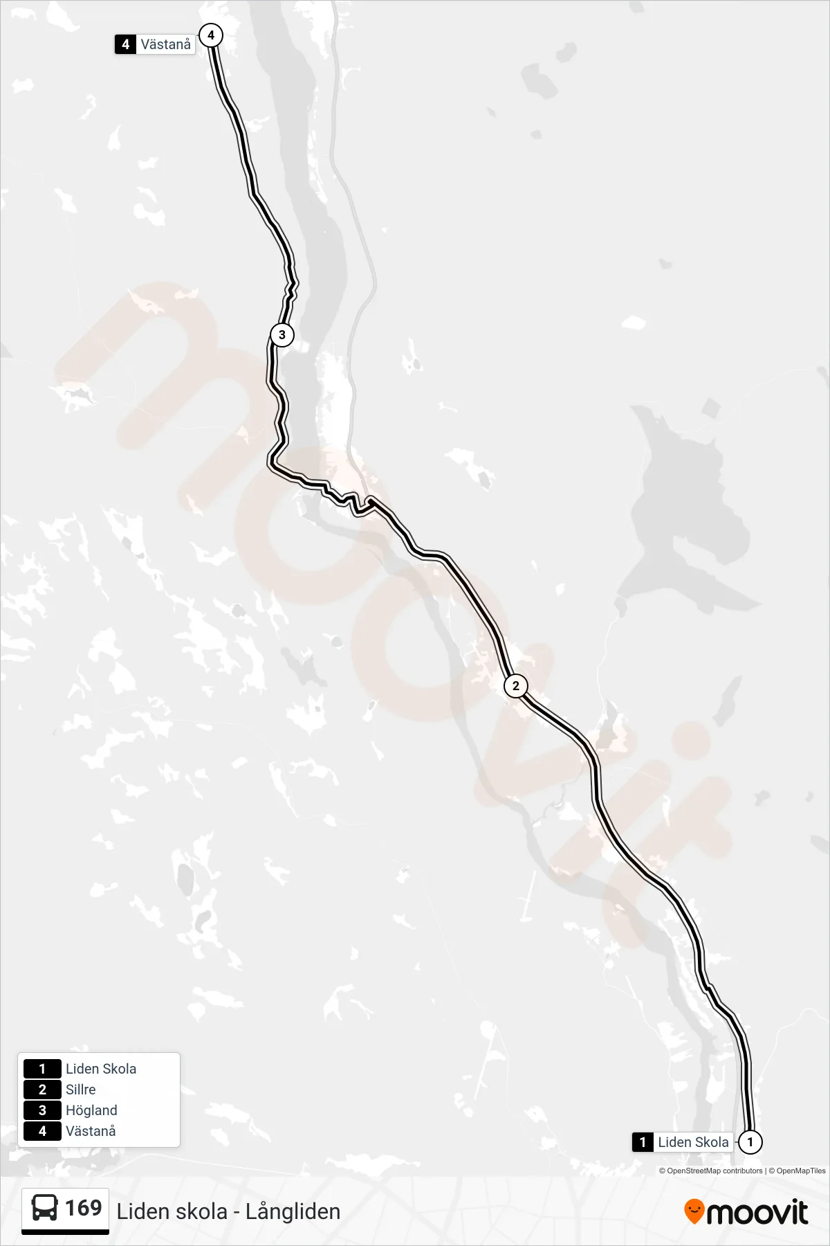 Rutt och hållplatser på karta för linje 169 spårvagn, (Västanå)
