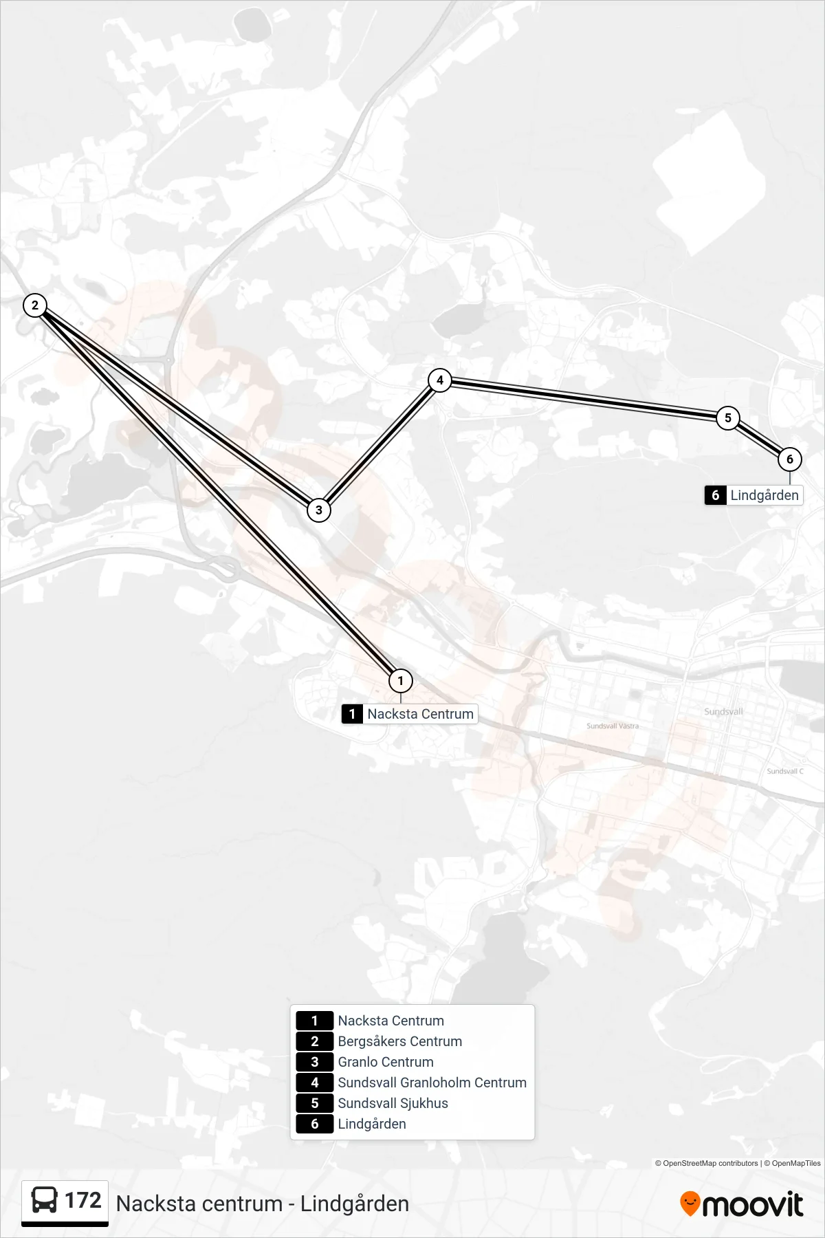 Rutt och hållplatser på karta för linje 172 spårvagn, (Lindgården)