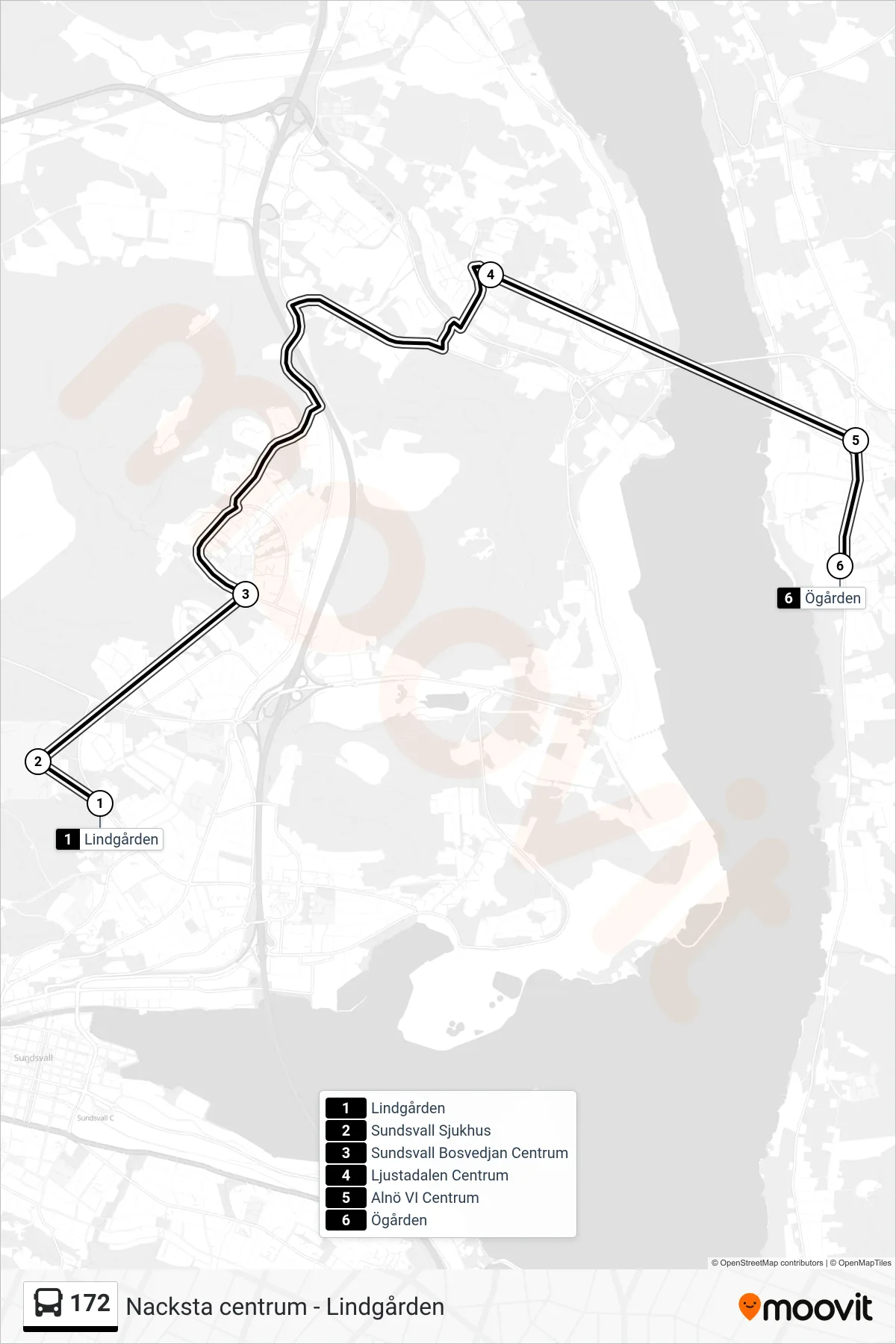 Rutt och hållplatser på karta för linje 172 spårvagn, (Ögården)