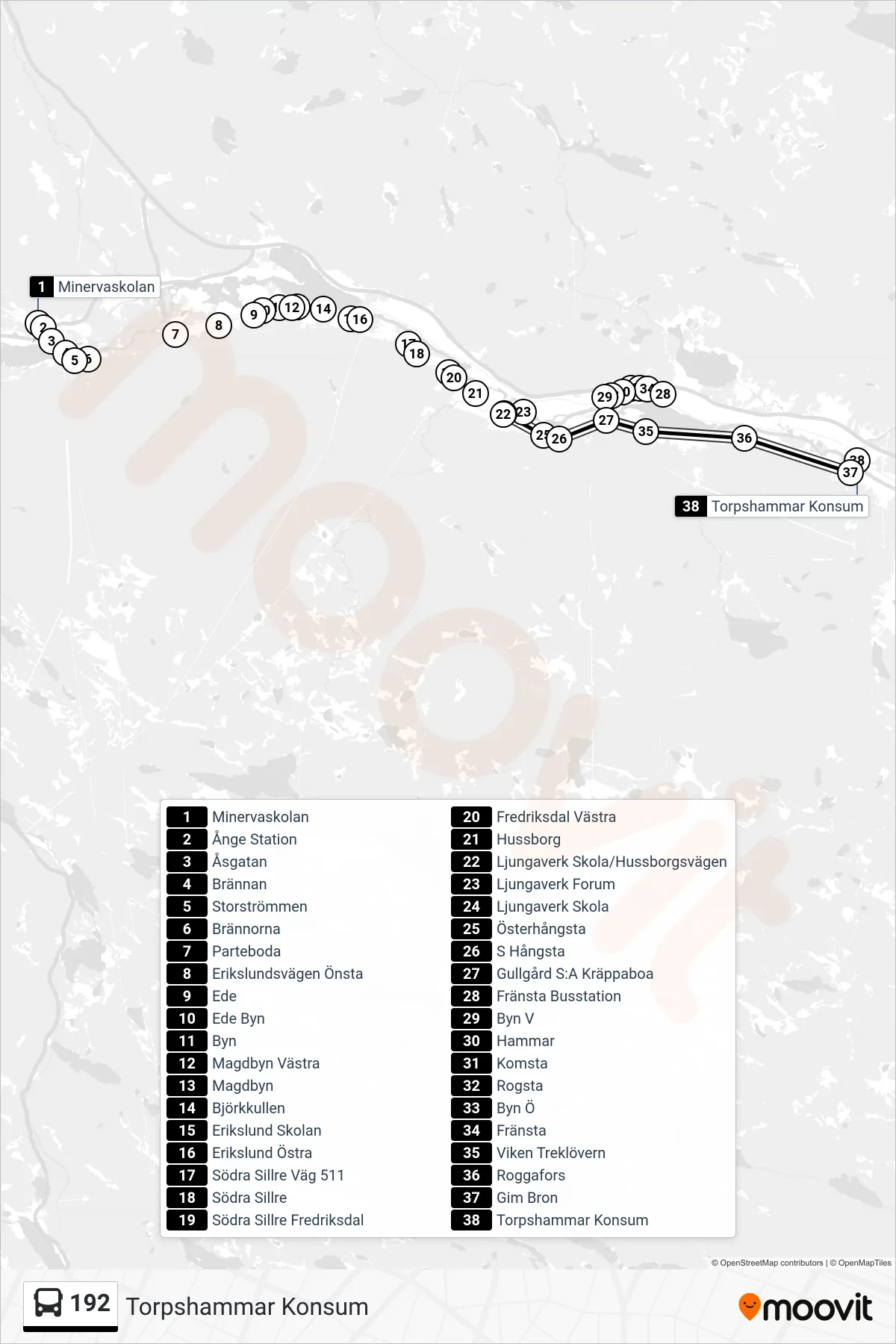 Rutt och hållplatser på karta för linje 192 spårvagn, (Torpshammar Konsum)