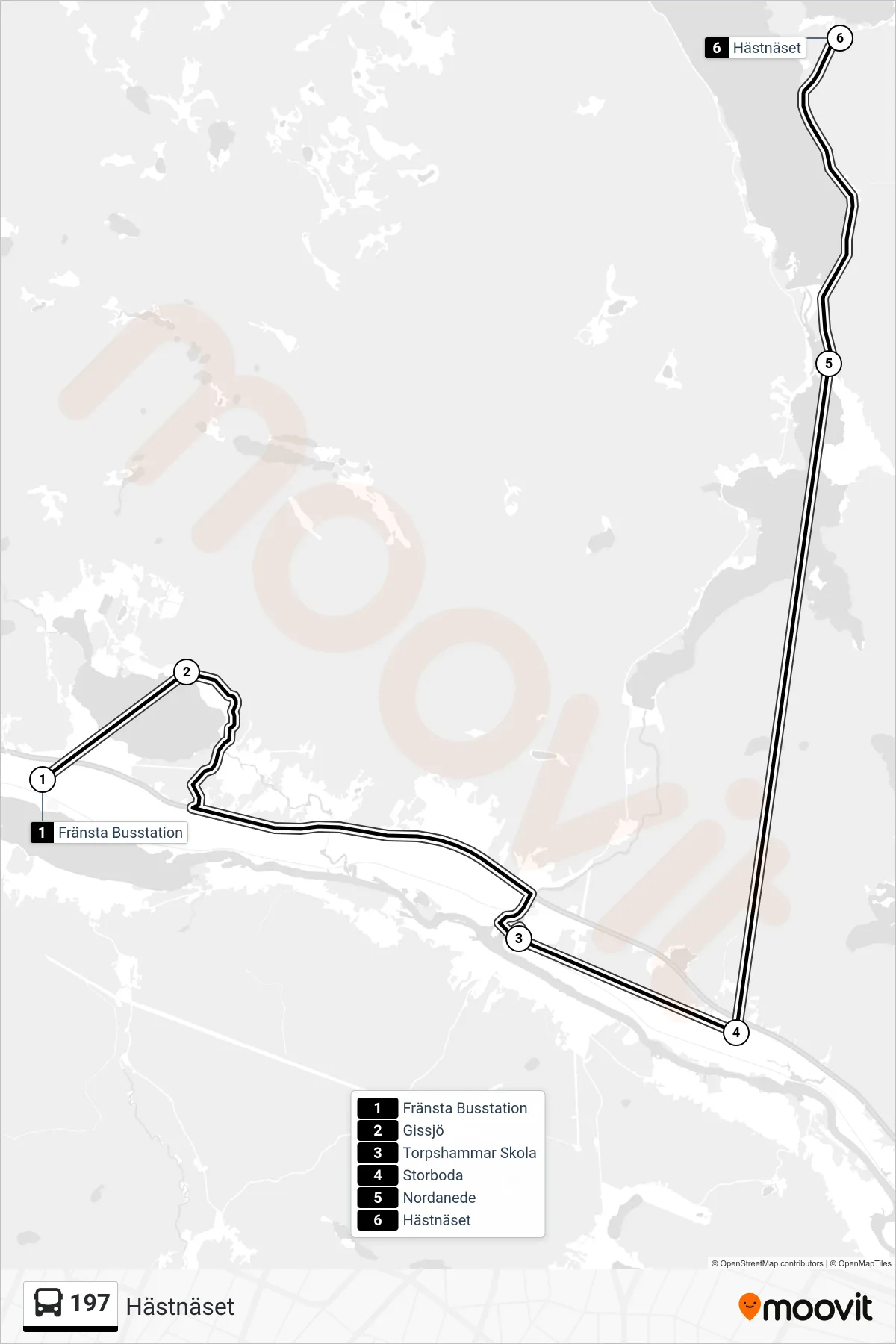 Rutt och hållplatser på karta för linje 197  spårvagn, (Hästnäset)