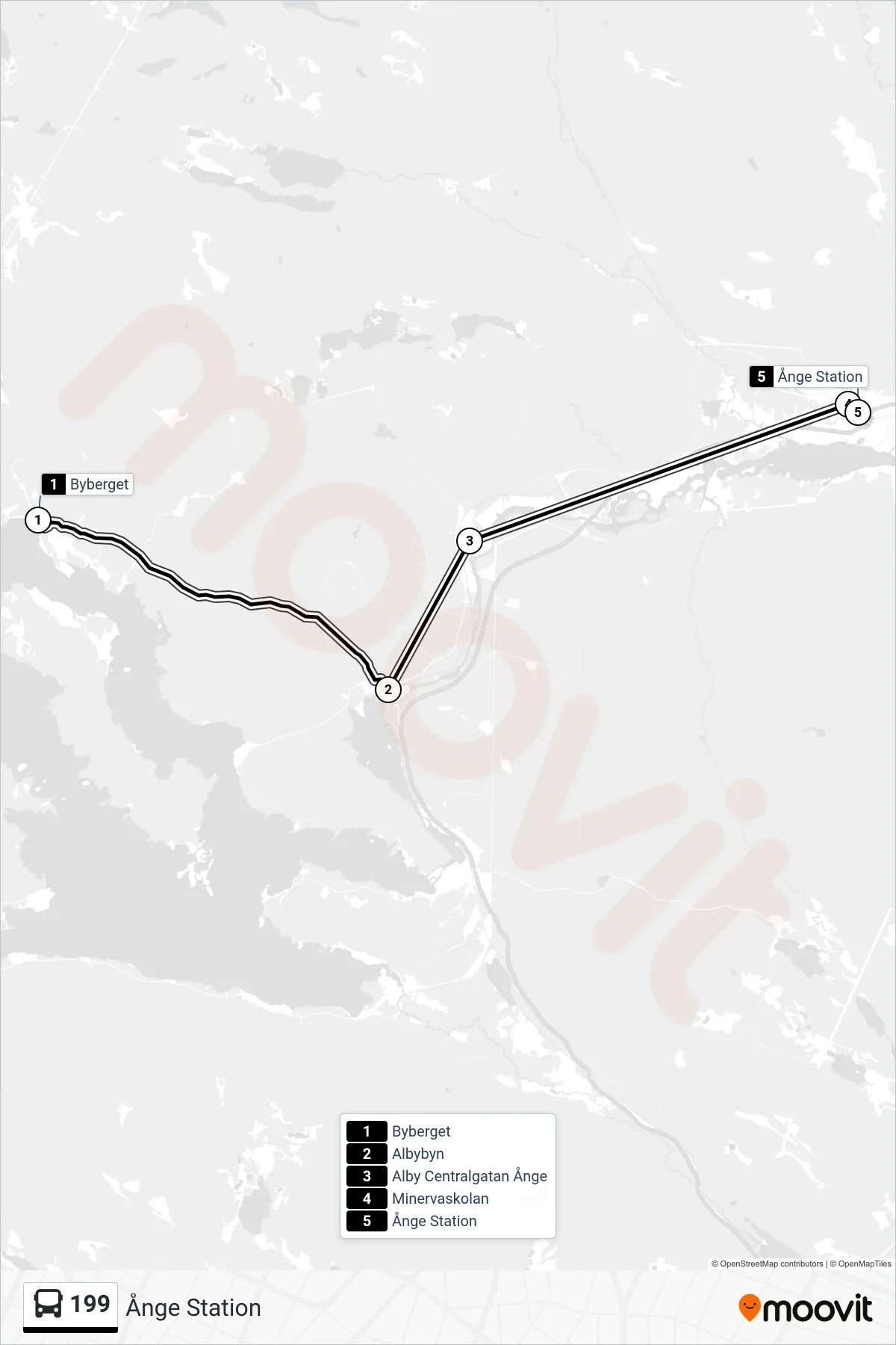 Rutt och hållplatser på karta för linje 199 spårvagn, (Ånge Station)