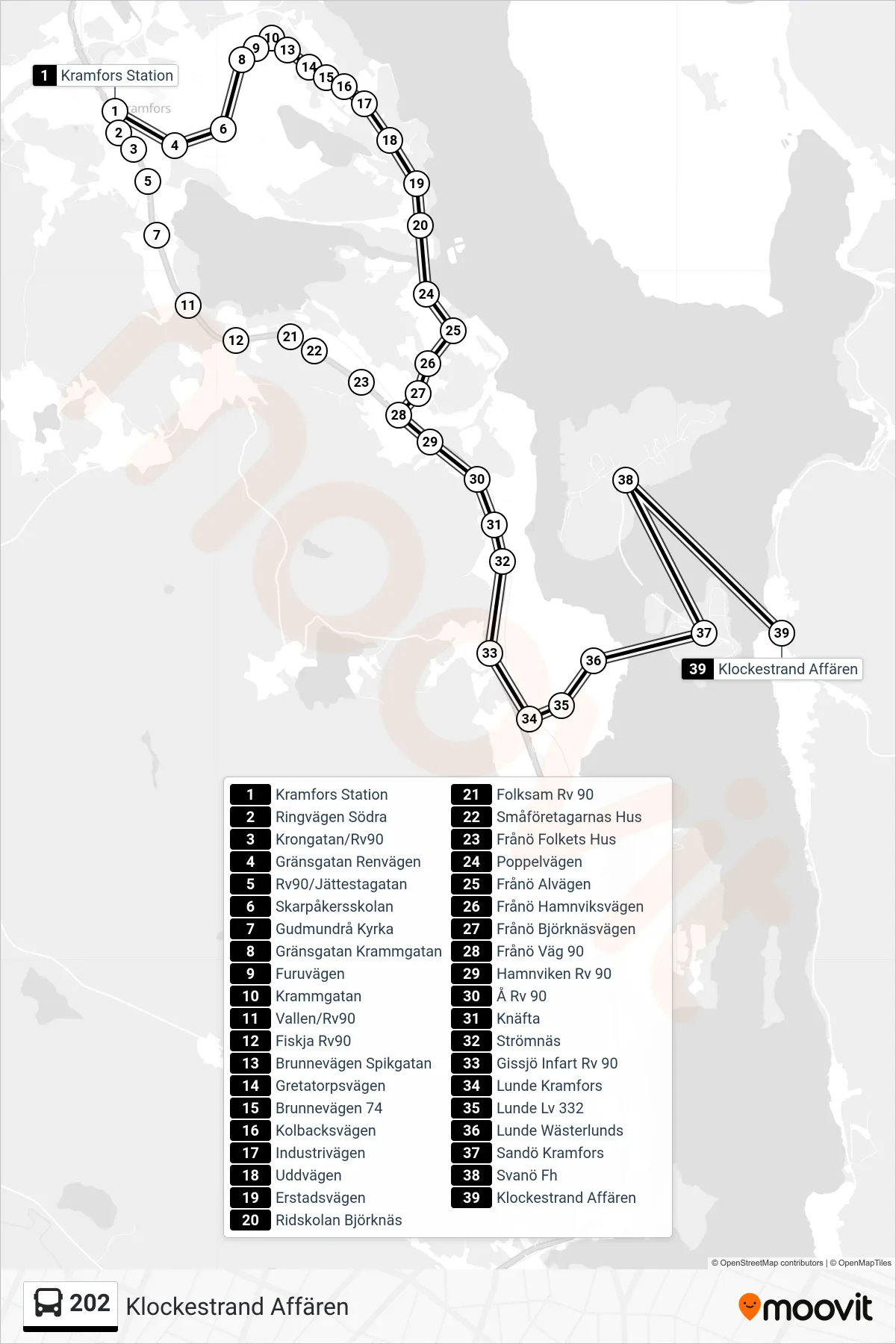 Rutt och hållplatser på karta för linje 202 spårvagn, (Klockestrand Affären)
