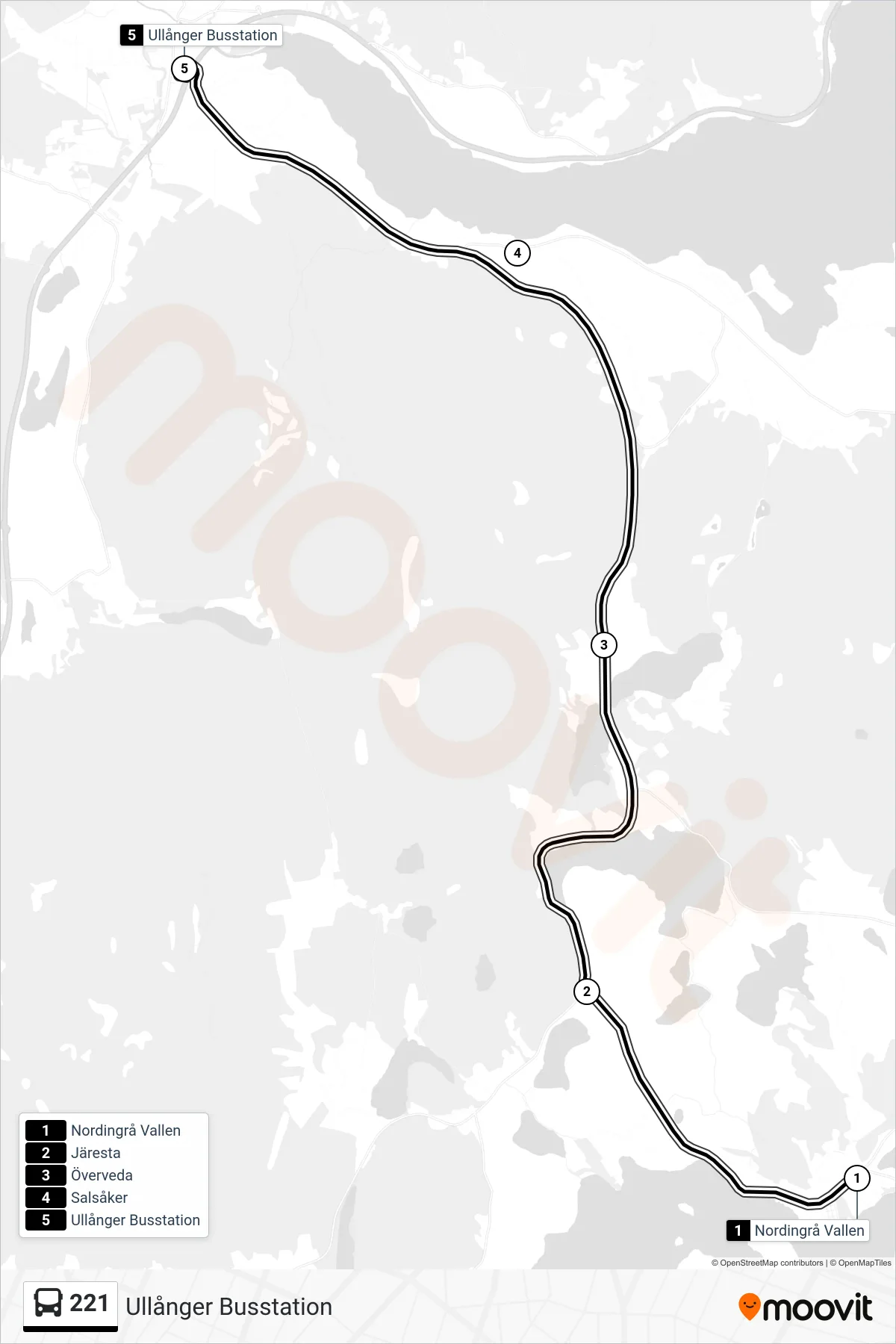 Rutt och hållplatser på karta för linje 221 spårvagn, (Ullånger Busstation)
