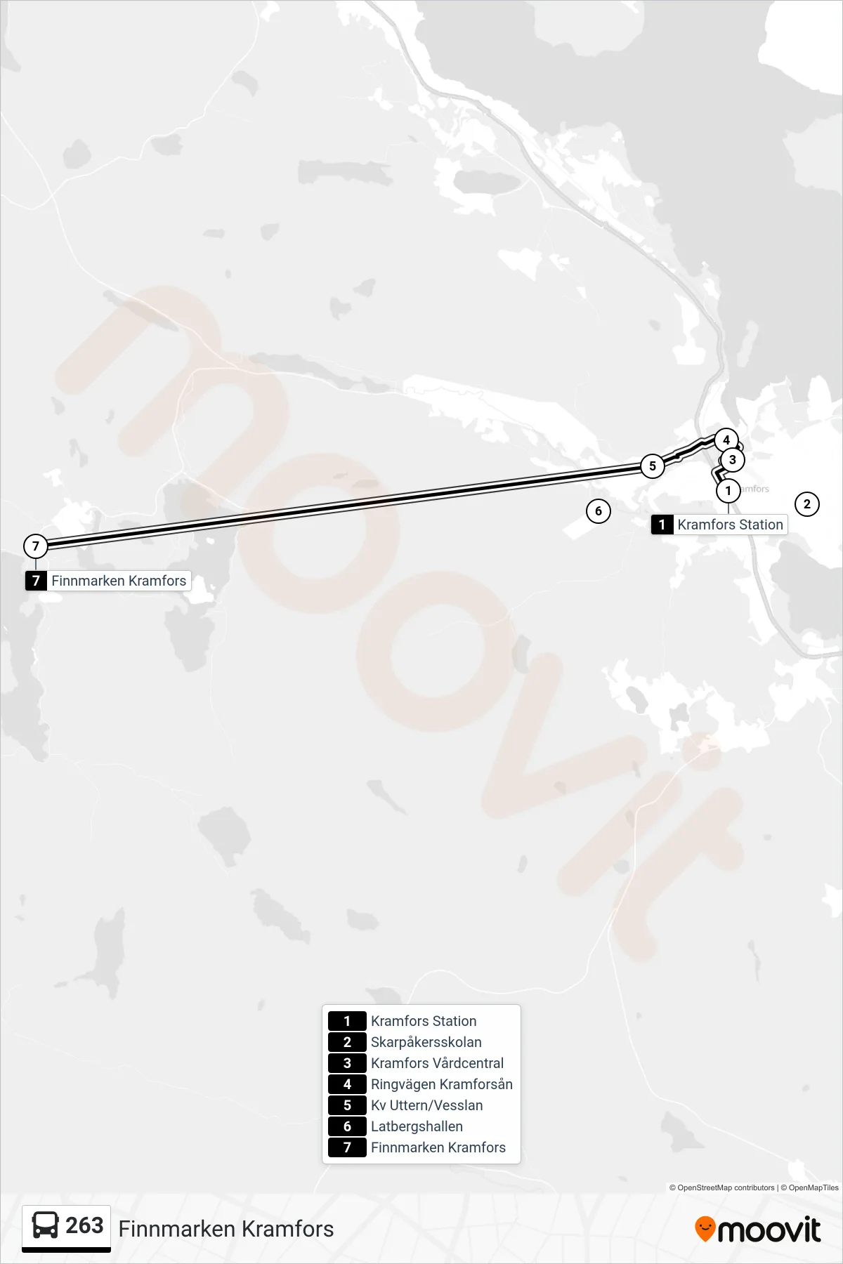 Rutt och hållplatser på karta för linje 263  spårvagn, (Finnmarken Kramfors)