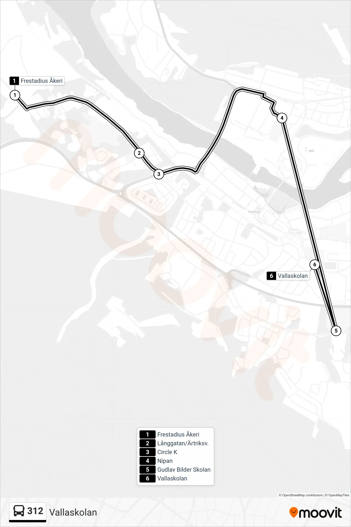 Rutt och hållplatser på karta för linje 312 spårvagn, (Vallaskolan)