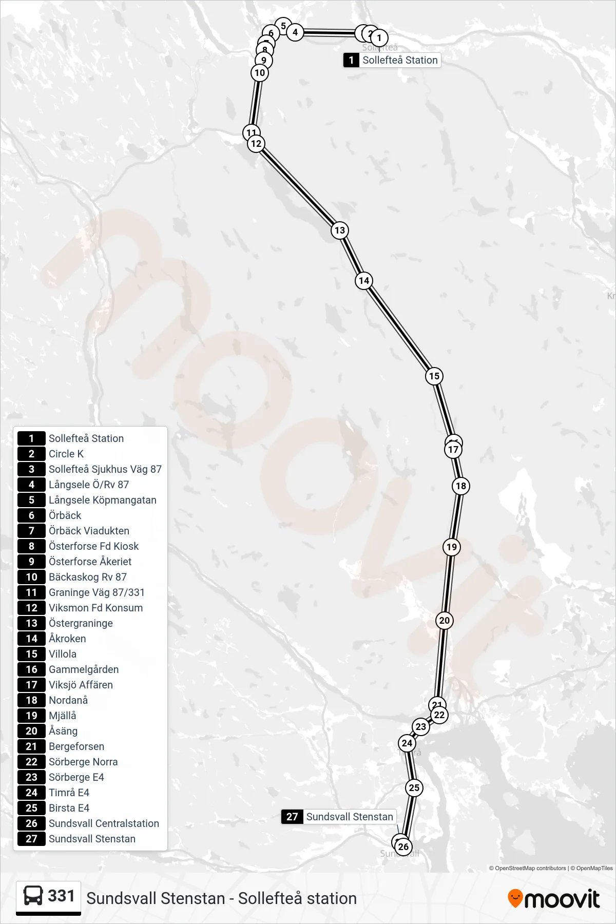 Rutt och hållplatser på karta för linje 331 spårvagn, (Sundsvall Stenstan)
