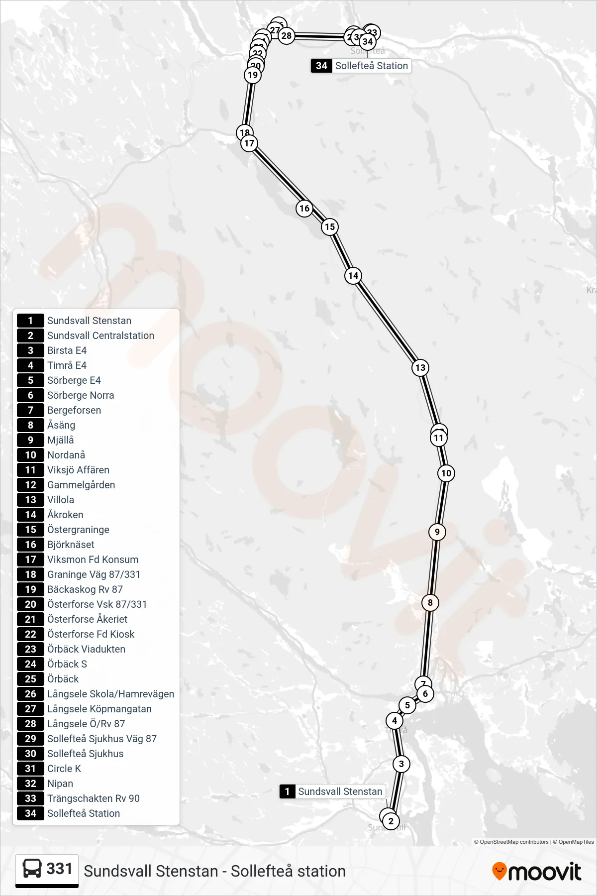 Rutt och hållplatser på karta för linje 331  spårvagn, (Sollefteå Station)