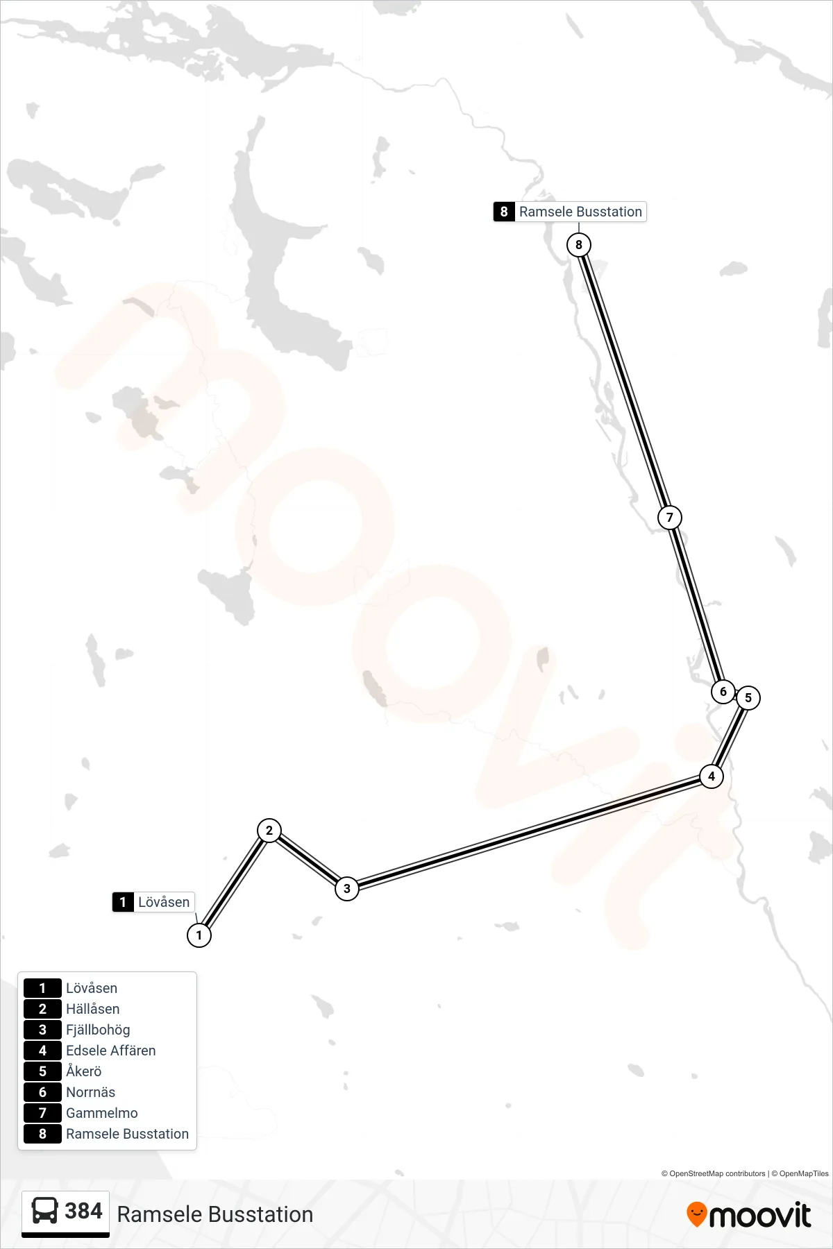 Rutt och hållplatser på karta för linje 384  spårvagn, (Ramsele Busstation)