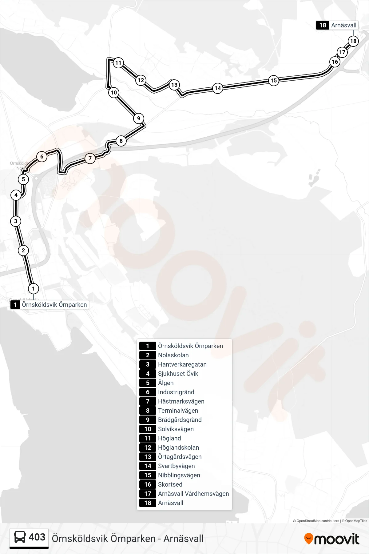 Rutt och hållplatser på karta för linje 403 spårvagn, (Arnäsvall)
