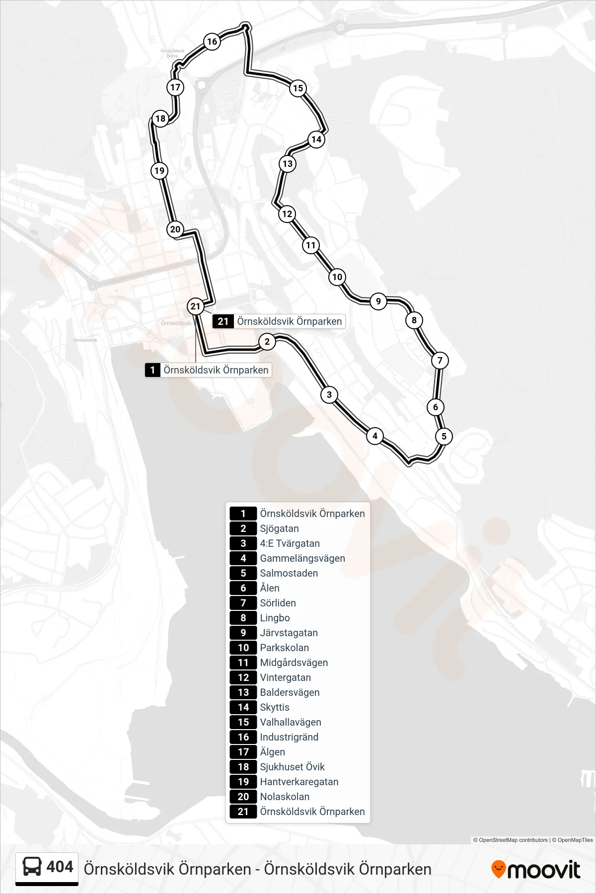 Rutt och hållplatser på karta för linje 404 spårvagn, (Örnsköldsvik Örnparken)