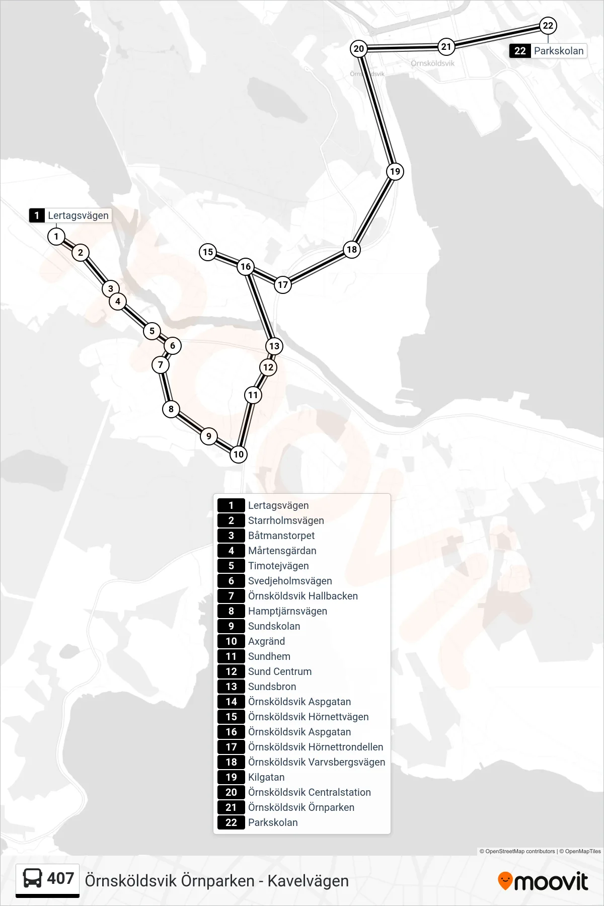 Rutt och hållplatser på karta för linje 407  spårvagn, (Parkskolan)