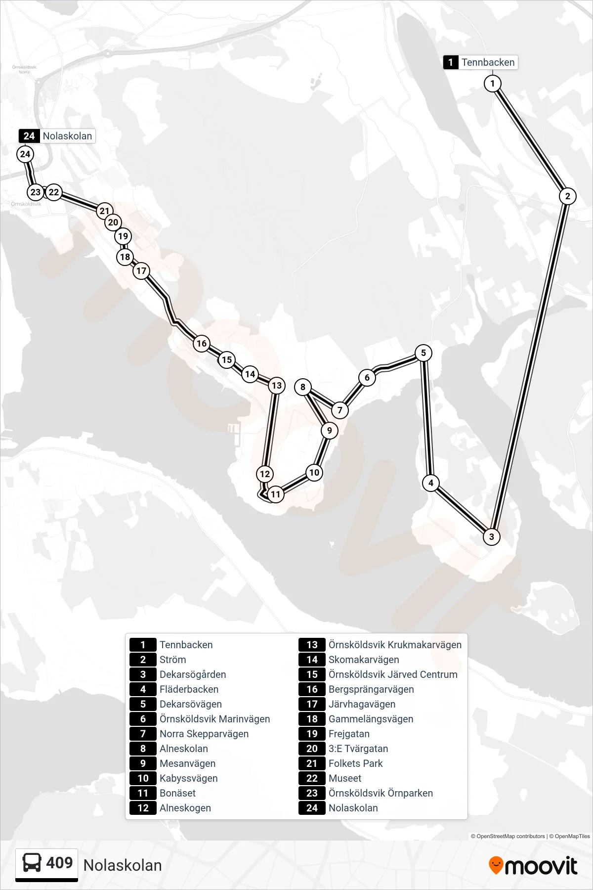 Rutt och hållplatser på karta för linje 409 spårvagn, (Nolaskolan)