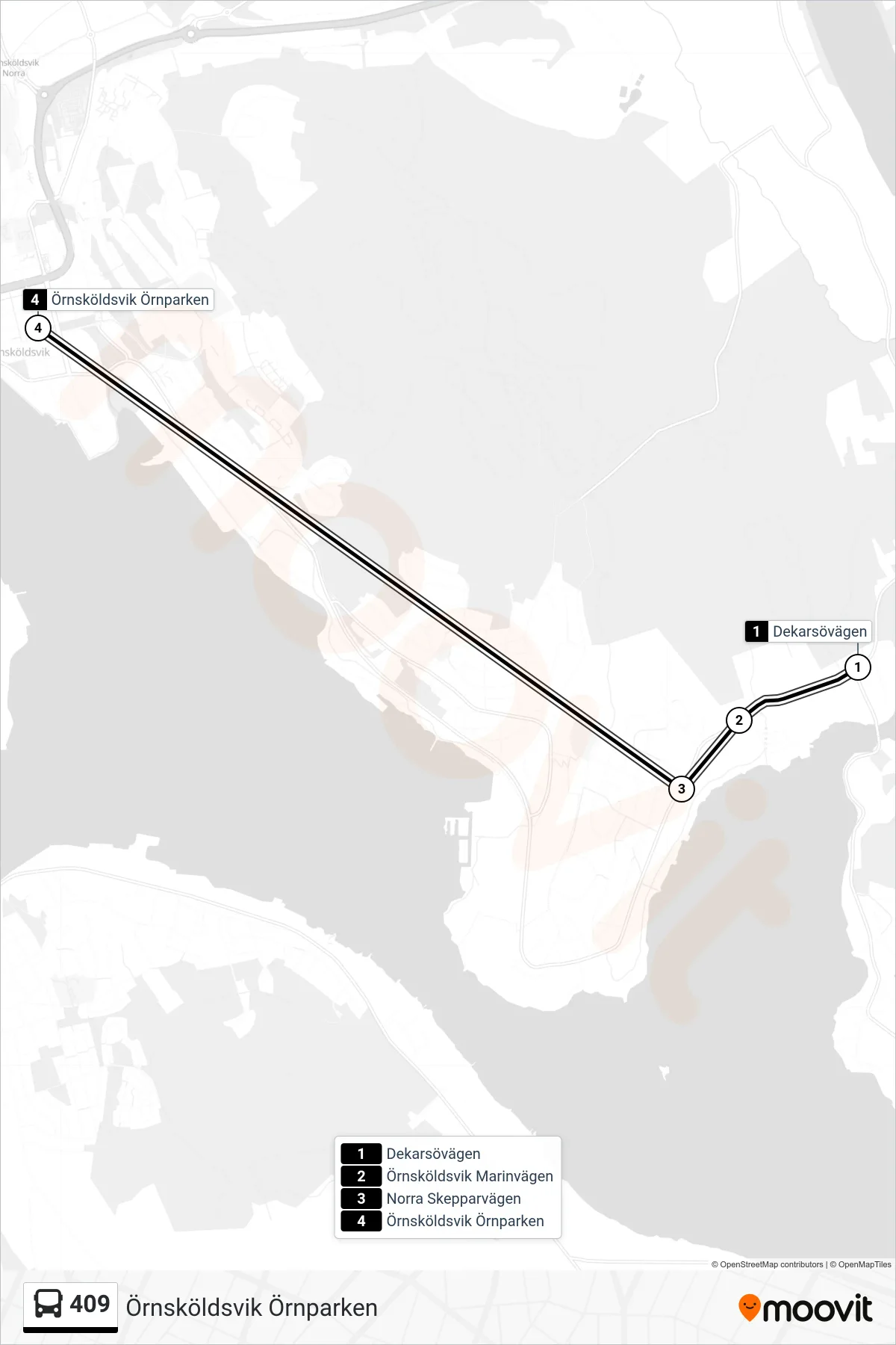 Rutt och hållplatser på karta för linje 409 spårvagn, (Örnsköldsvik Örnparken)