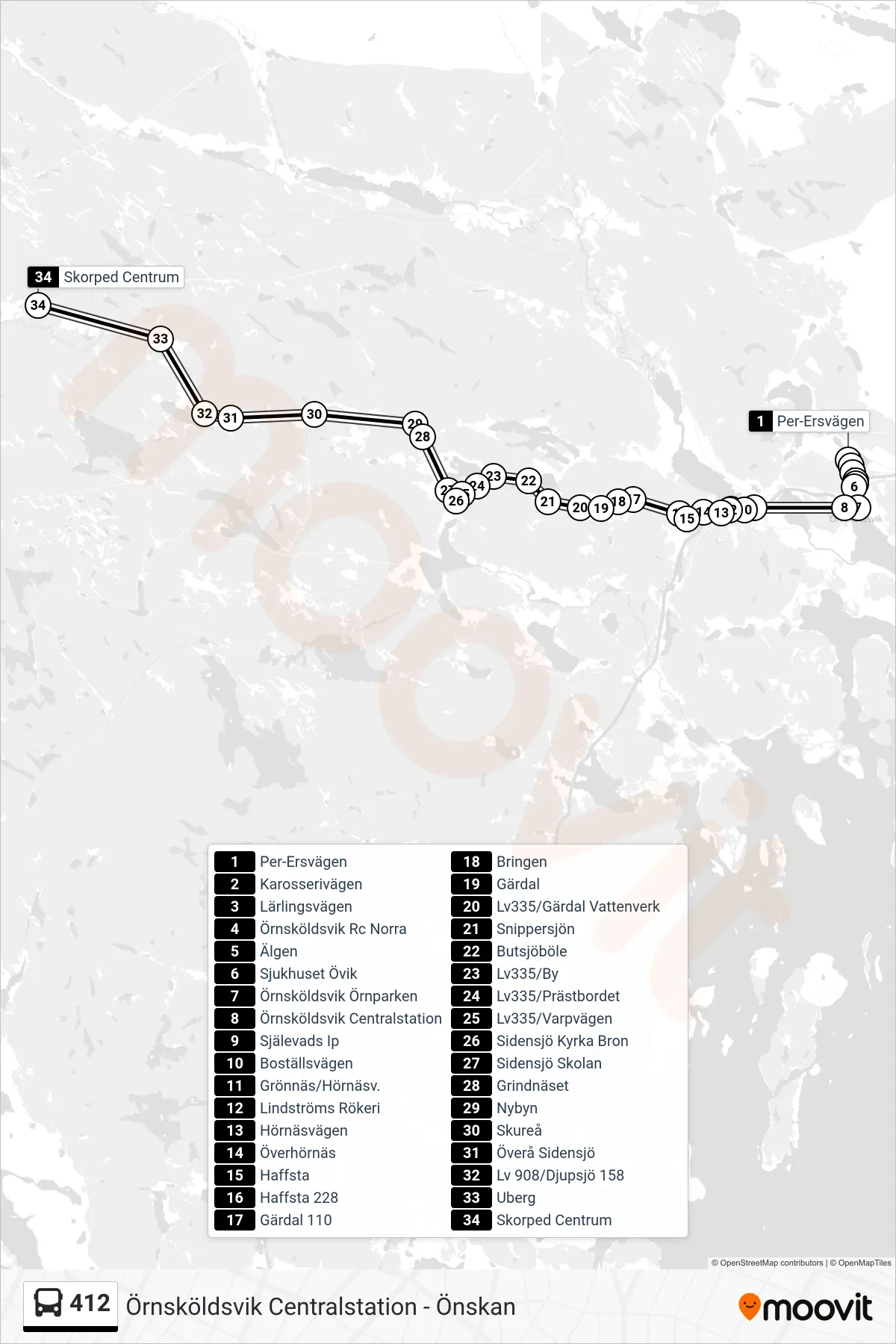 Rutt och hållplatser på karta för linje 412 spårvagn, (Skorped Centrum)