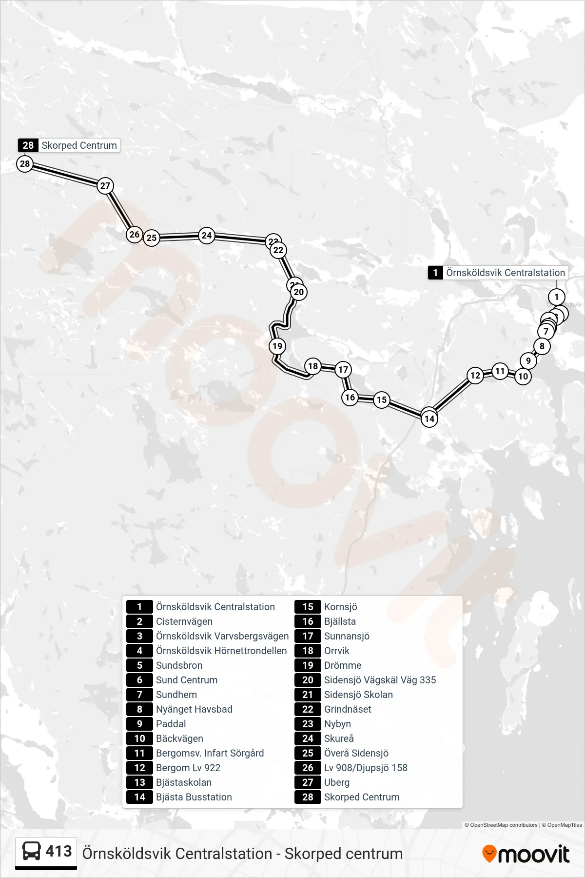Rutt och hållplatser på karta för linje 413  spårvagn, (Skorped Centrum)