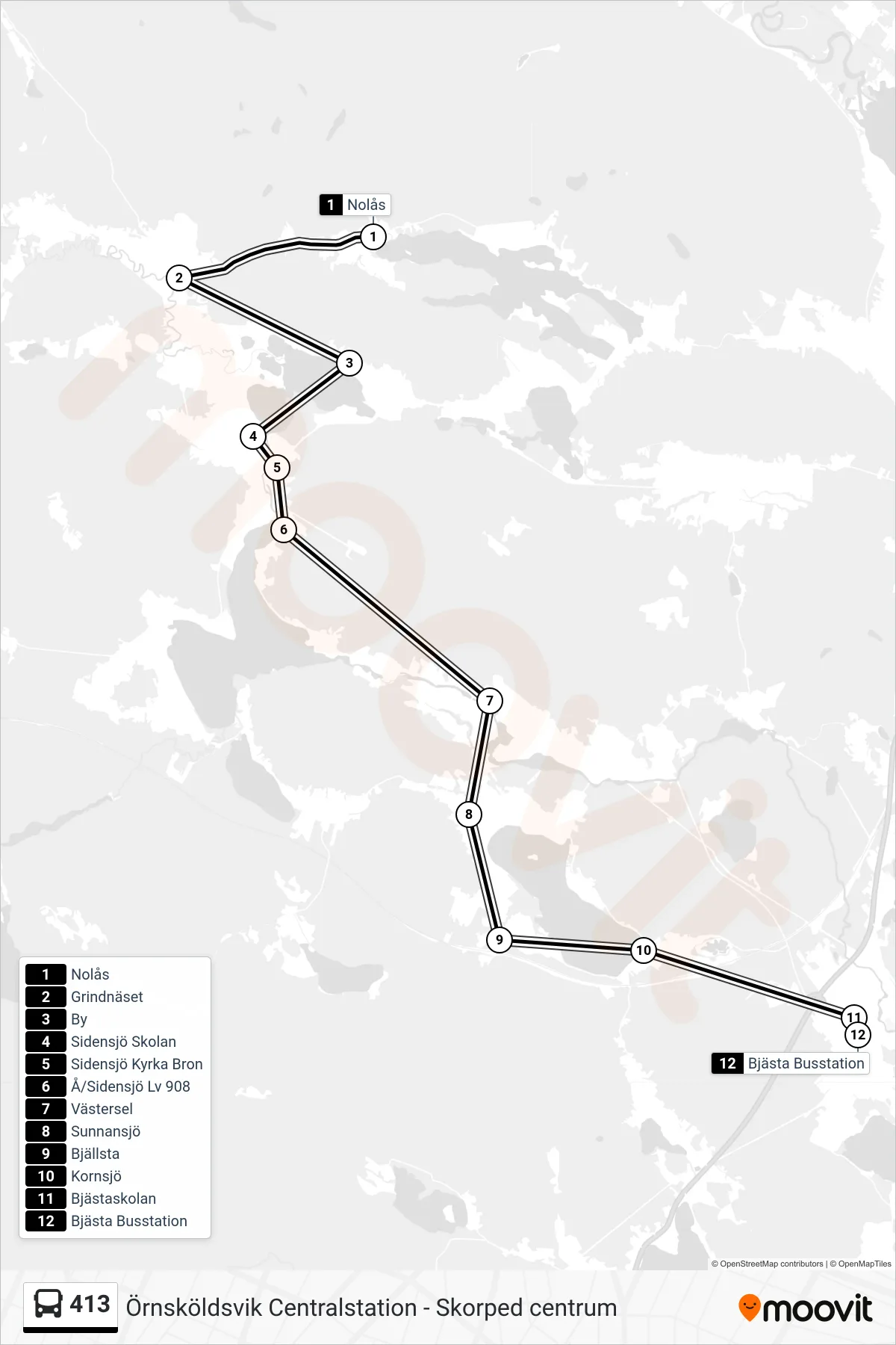 Rutt och hållplatser på karta för linje 413  spårvagn, (Bjästa Busstation)