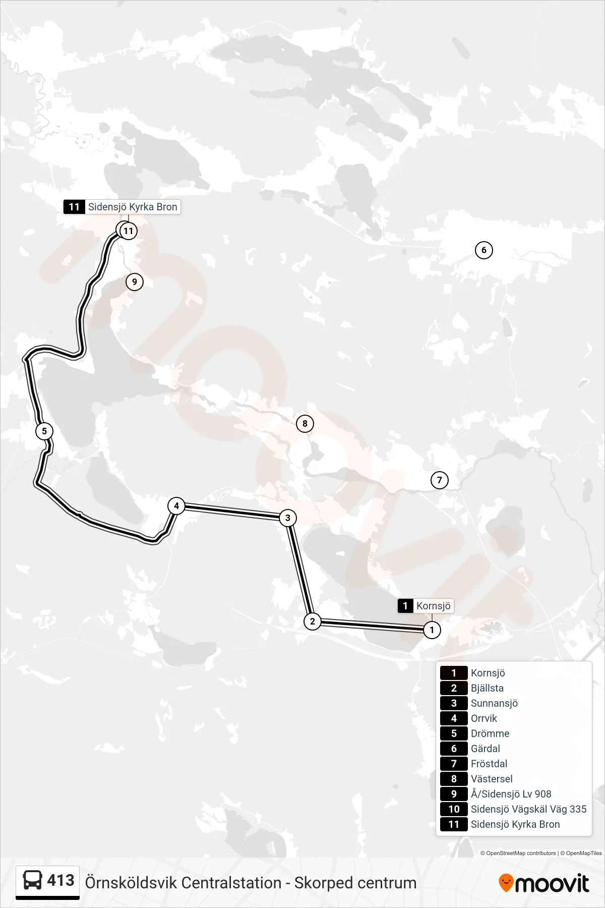 Rutt och hållplatser på karta för linje 413  spårvagn, (Sidensjö Kyrka Bron)