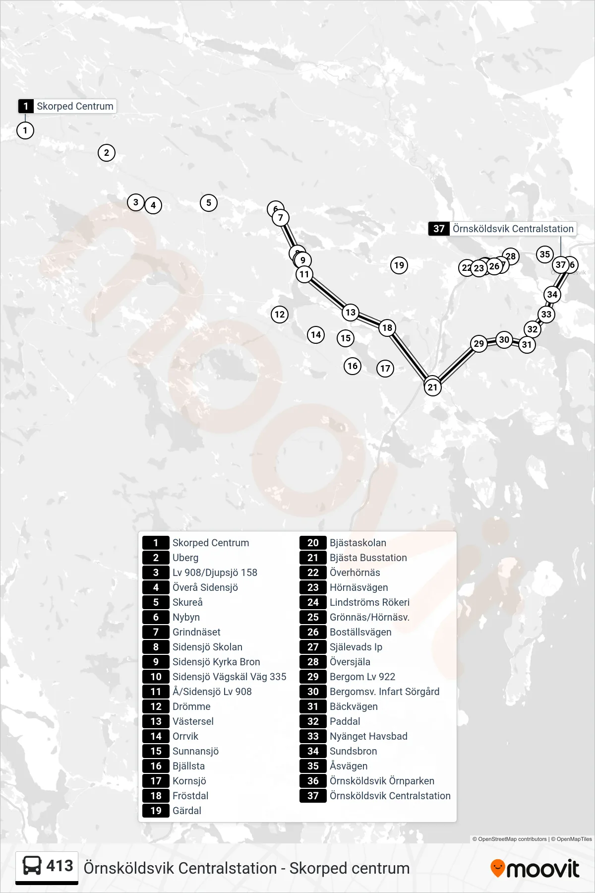 Rutt och hållplatser på karta för linje 413 spårvagn, (Örnsköldsvik Centralstation)