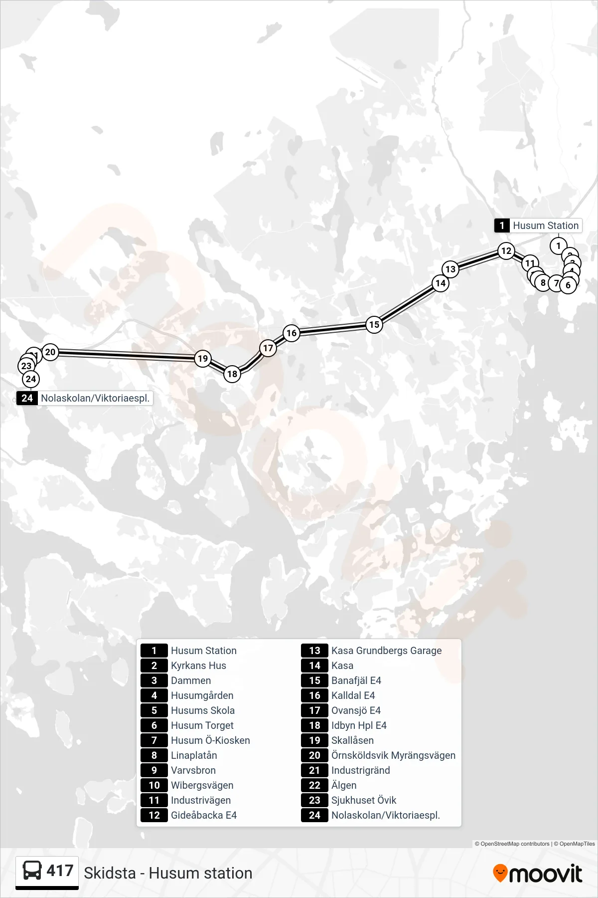Rutt och hållplatser på karta för linje 417  spårvagn, (Nolaskolan/Viktoriaespl.)