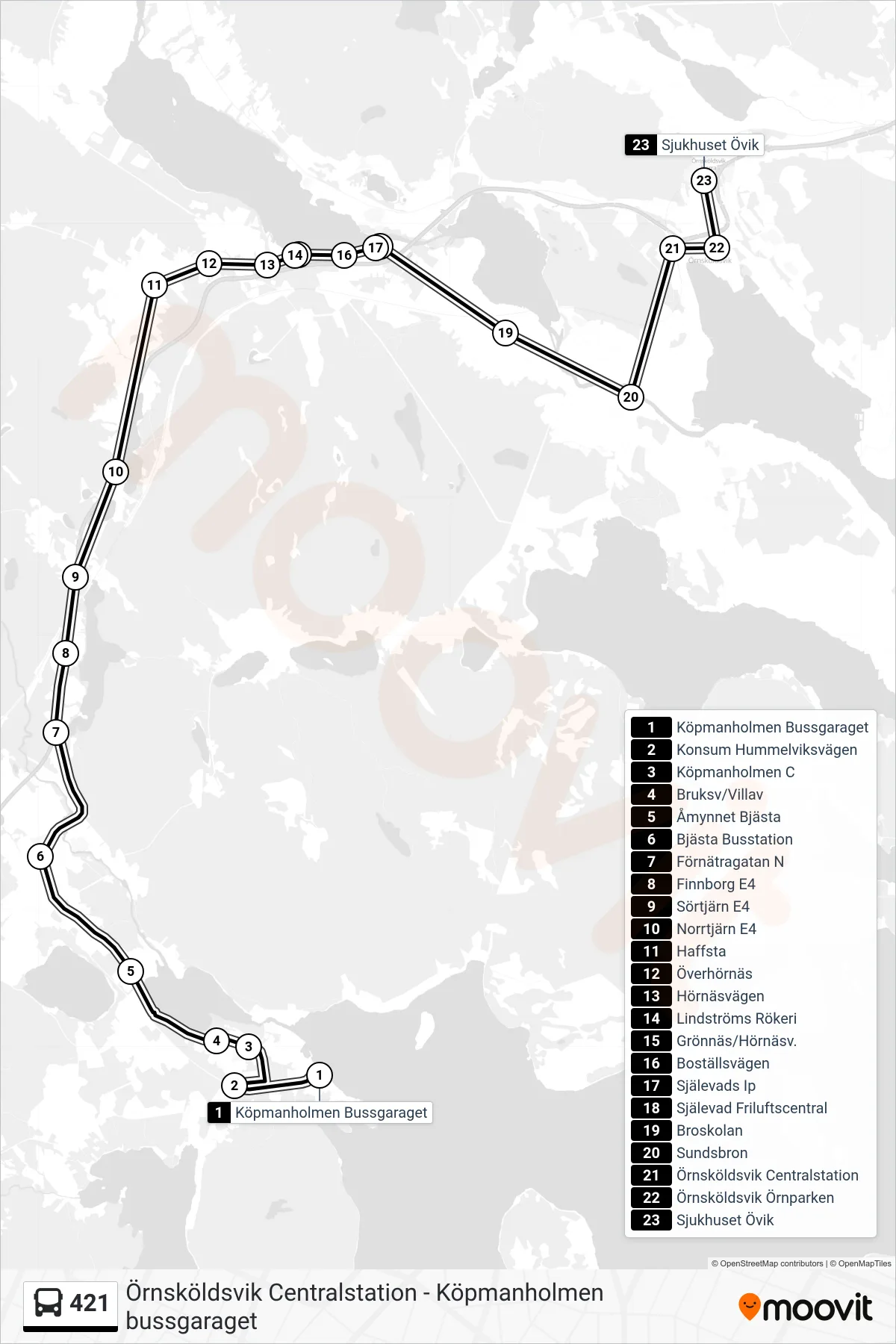 Rutt och hållplatser på karta för linje 421 spårvagn, (Sjukhuset Övik)
