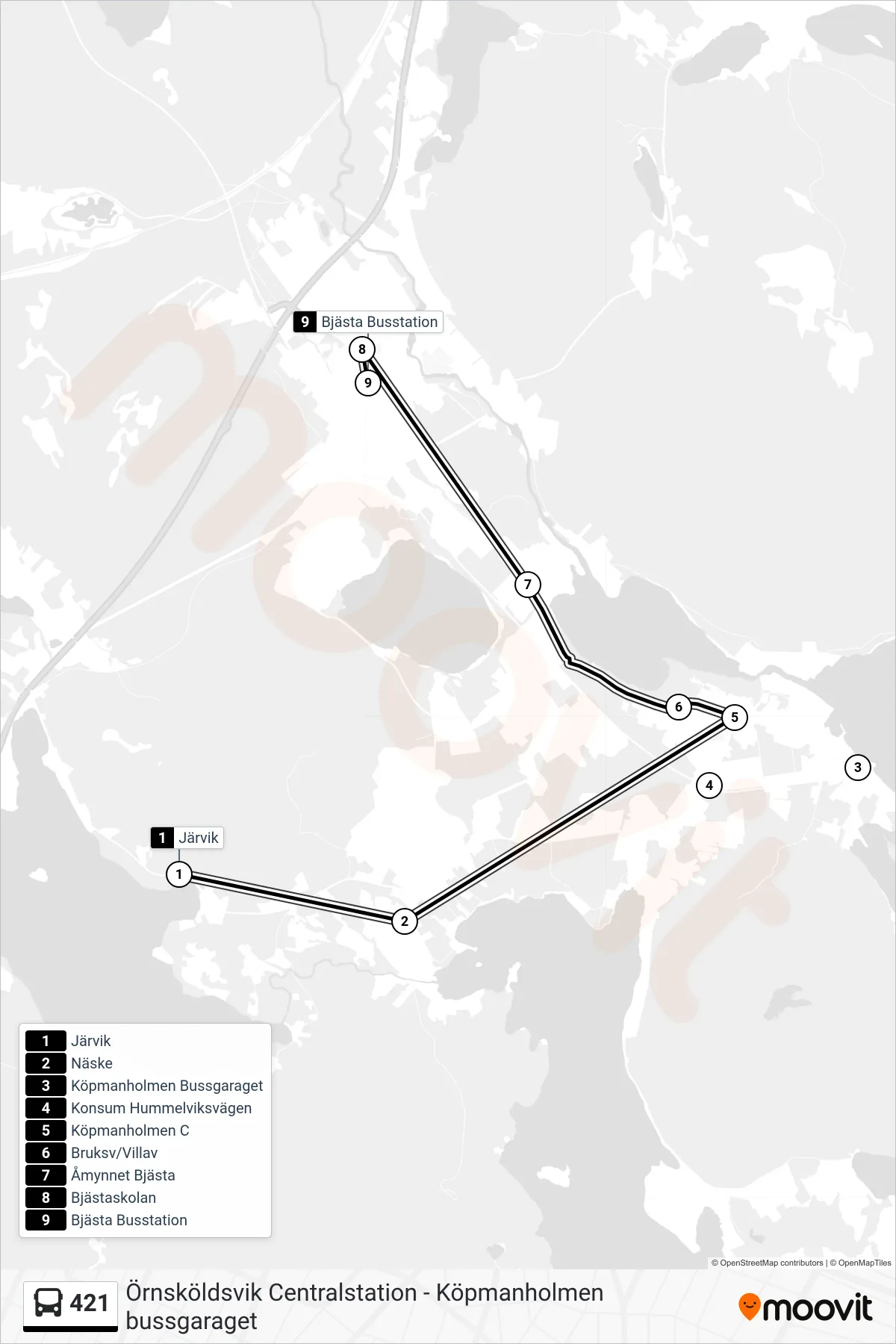 Rutt och hållplatser på karta för linje 421 spårvagn, (Bjästa Busstation)