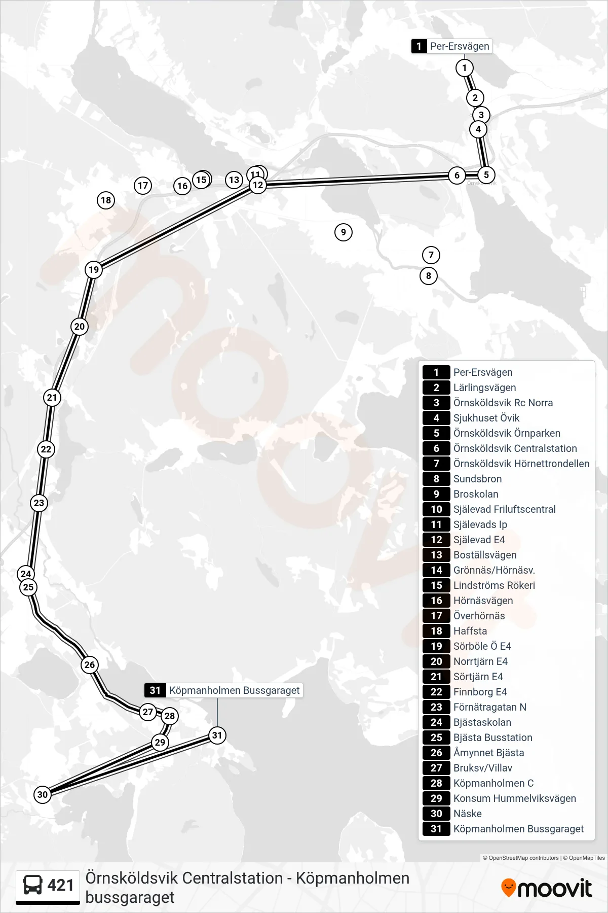 Rutt och hållplatser på karta för linje 421 spårvagn, (Köpmanholmen Bussgaraget)