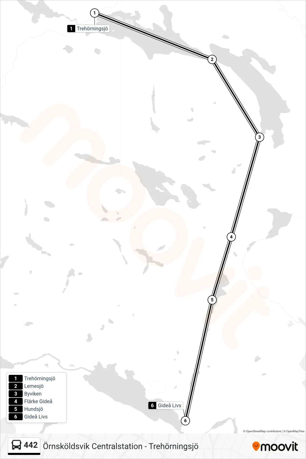 Rutt och hållplatser på karta för linje 442 spårvagn, (Gideå Livs)