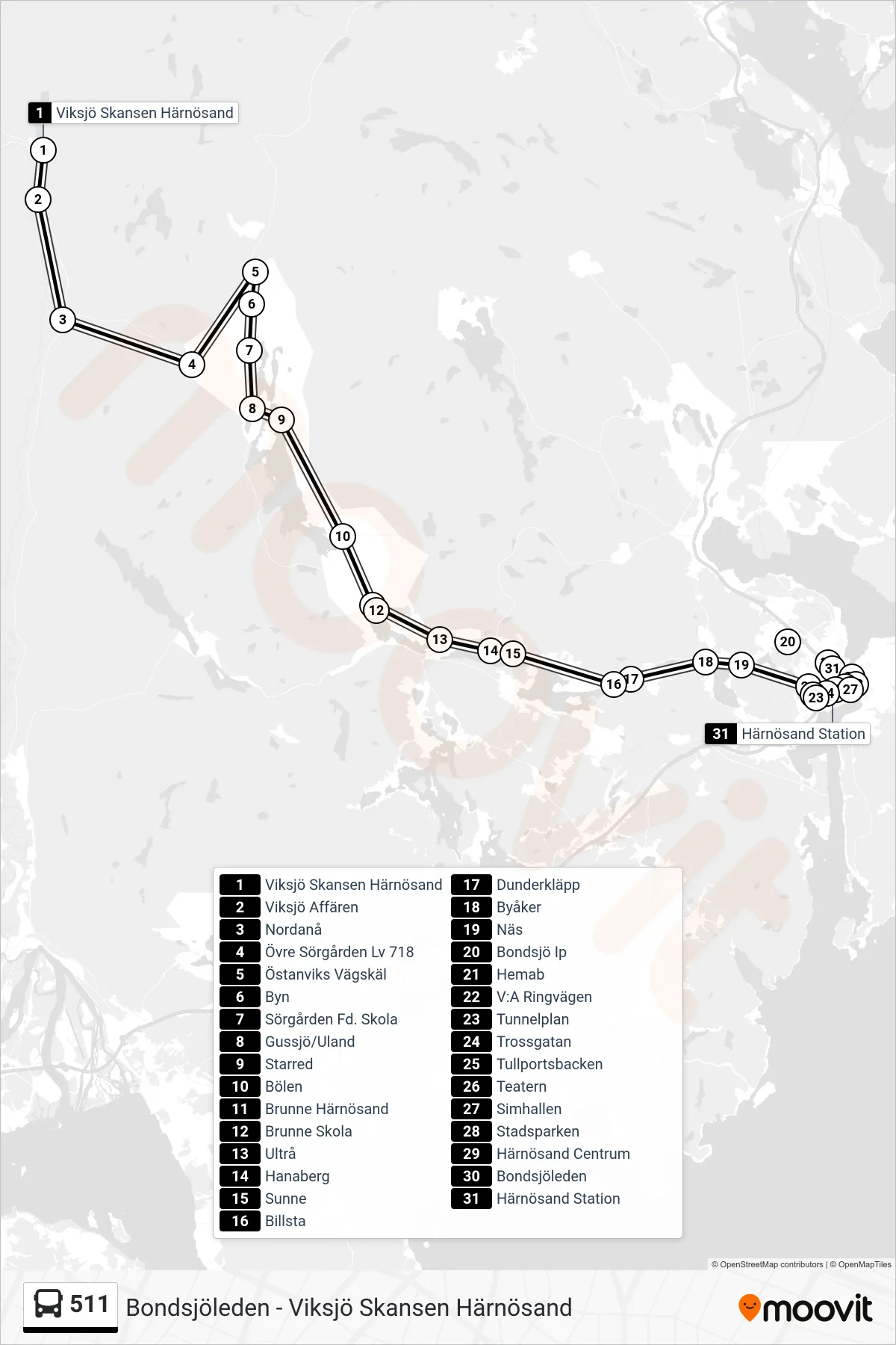 Rutt och hållplatser på karta för linje 511 spårvagn, (Härnösand Station)
