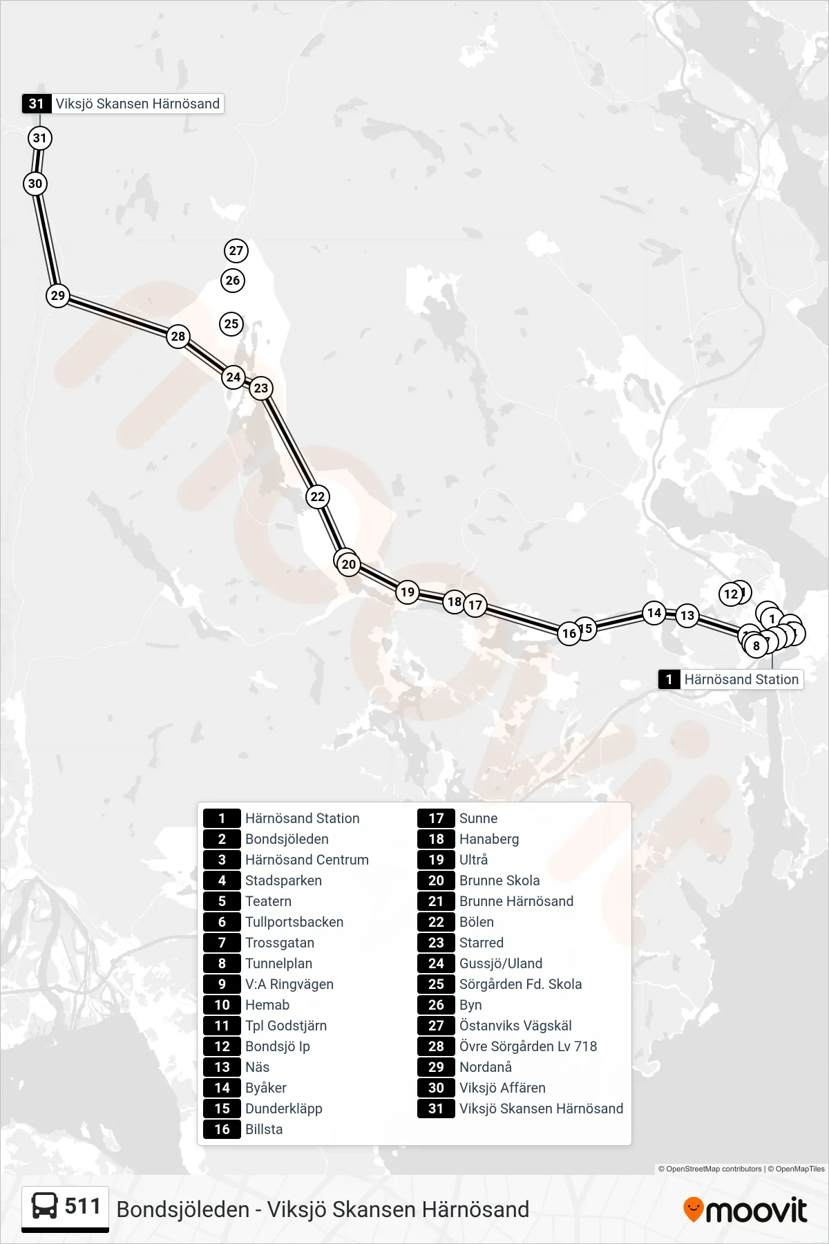 Rutt och hållplatser på karta för linje 511 spårvagn, (Viksjö Skansen Härnösand)