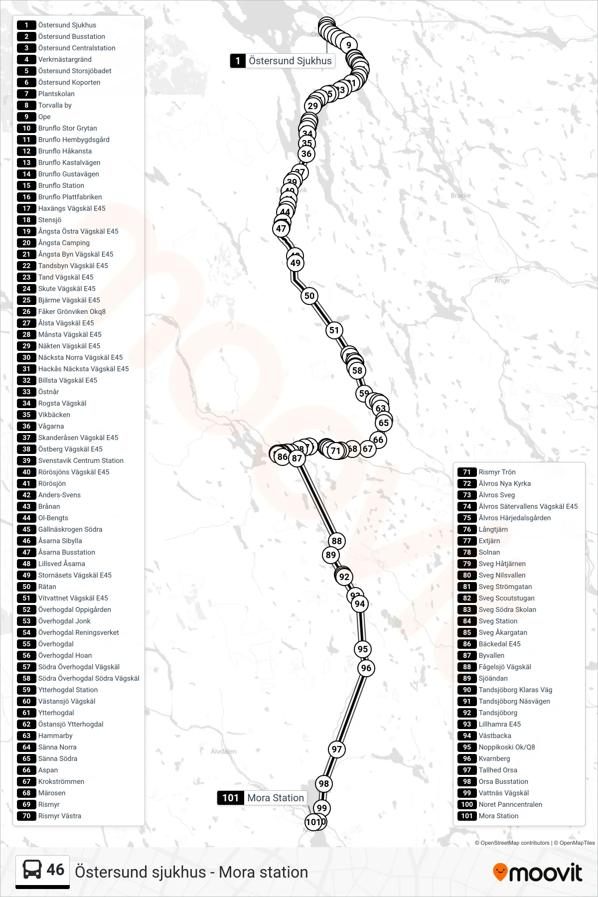 Rutt och hållplatser på karta för linje 46 spårvagn, (Mora Station)