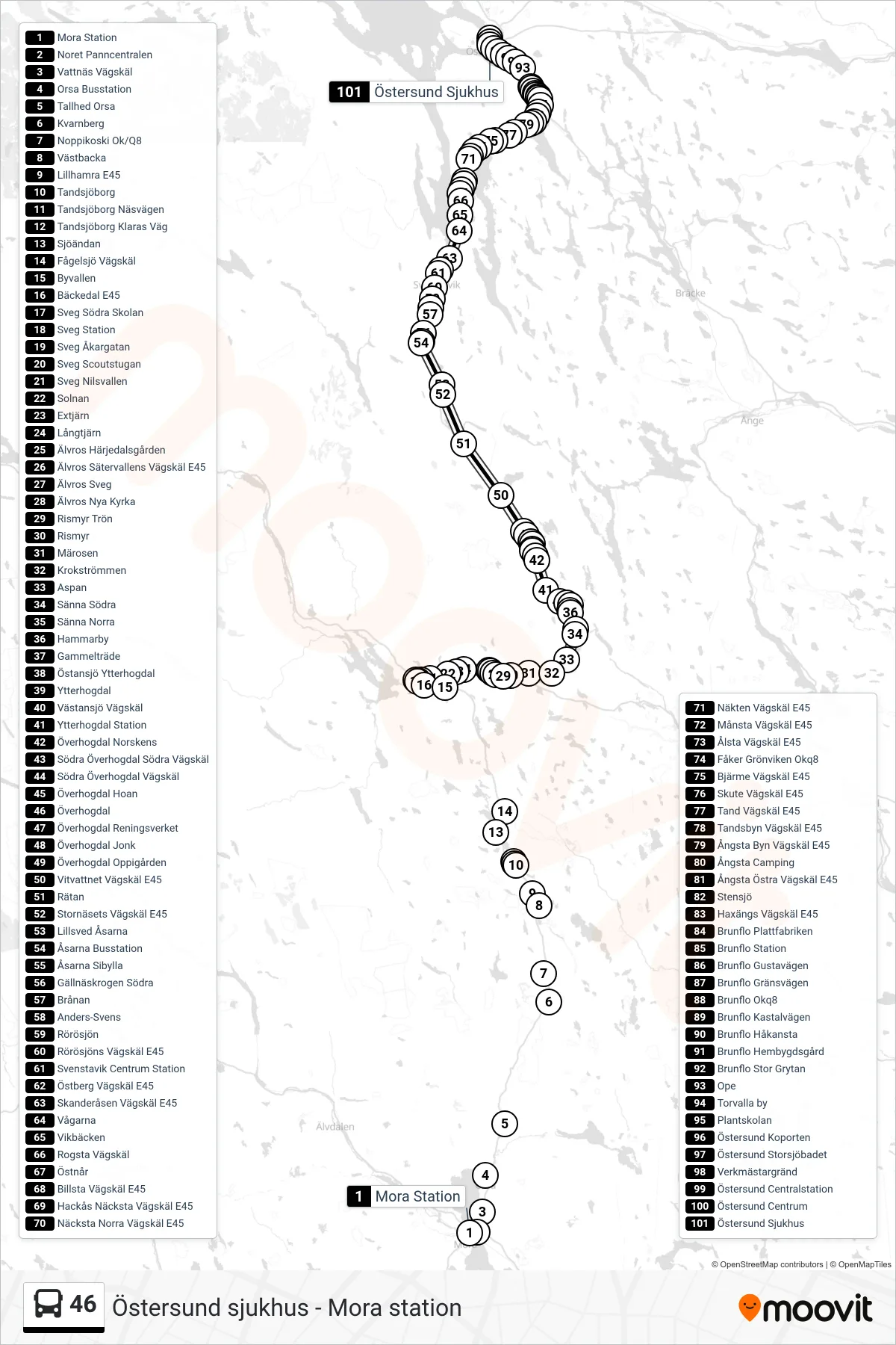Rutt och hållplatser på karta för linje 46  spårvagn, (Östersund Sjukhus)