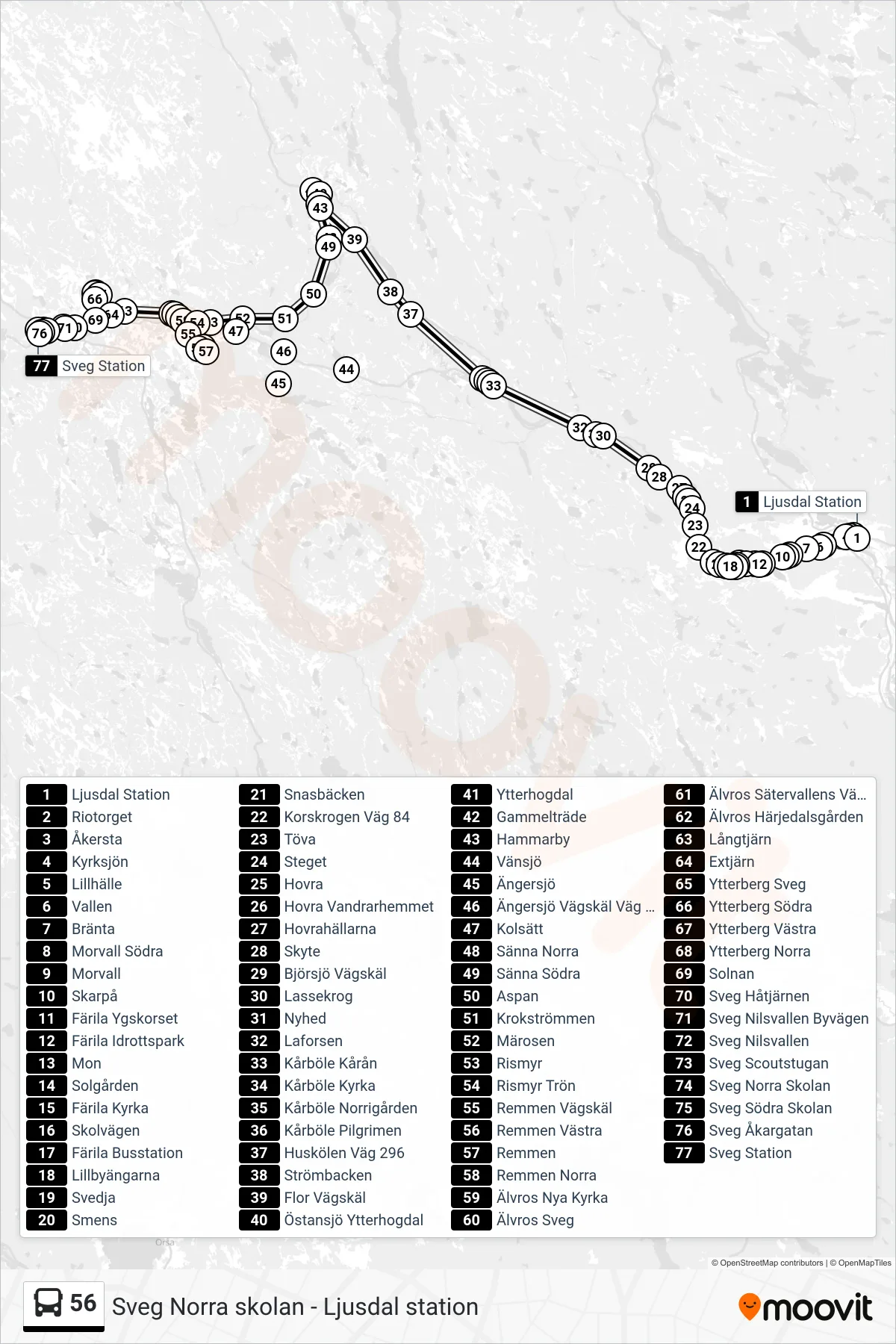 Rutt och hållplatser på karta för linje 56  spårvagn, (Sveg Station)