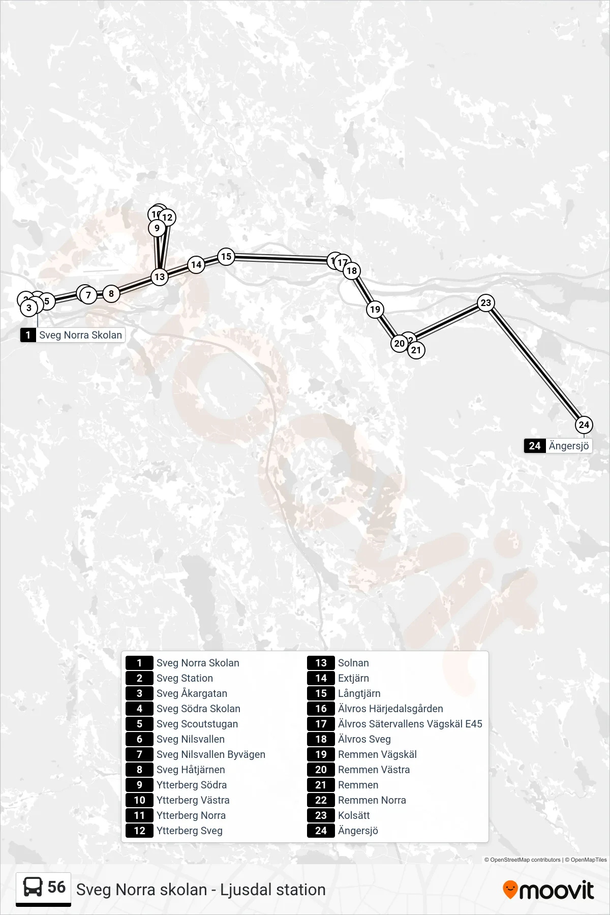 Rutt och hållplatser på karta för linje 56  spårvagn, (Ängersjö)