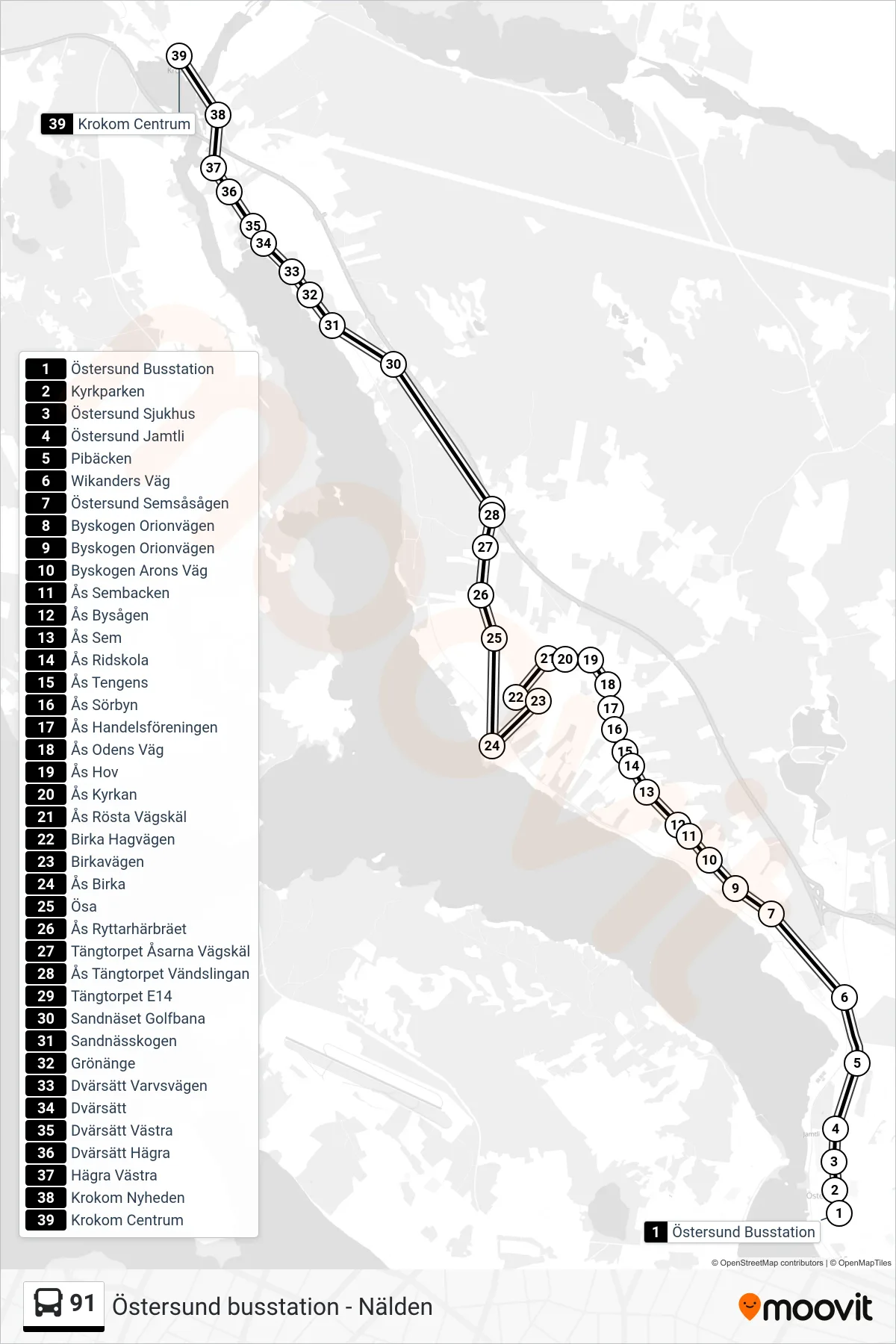 Rutt och hållplatser på karta för linje 91 spårvagn, (Krokom Centrum)