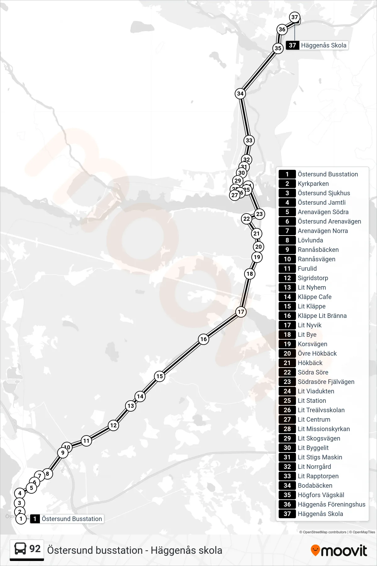 Rutt och hållplatser på karta för linje 92 spårvagn, (Häggenås Skola)
