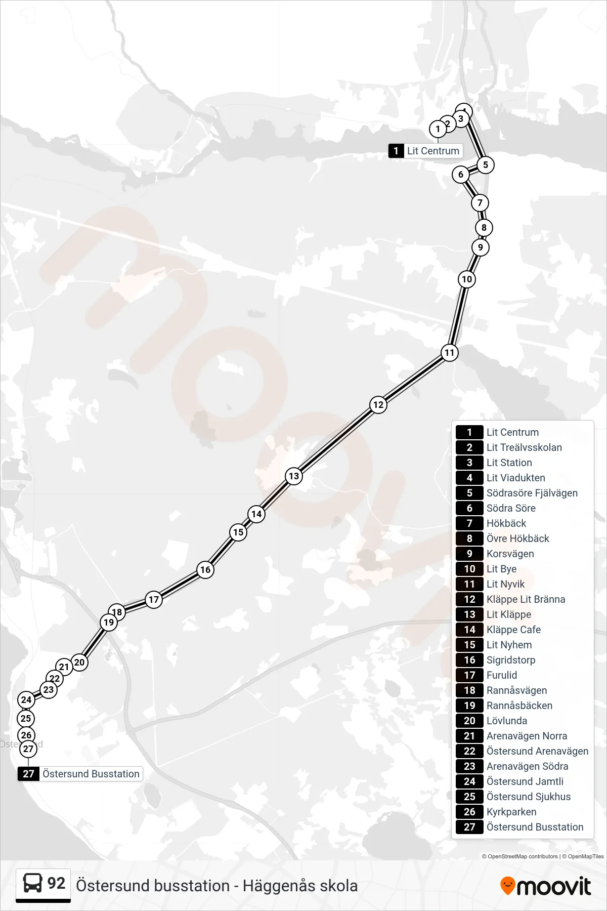 Rutt och hållplatser på karta för linje 92  spårvagn, (Östersund Busstation)