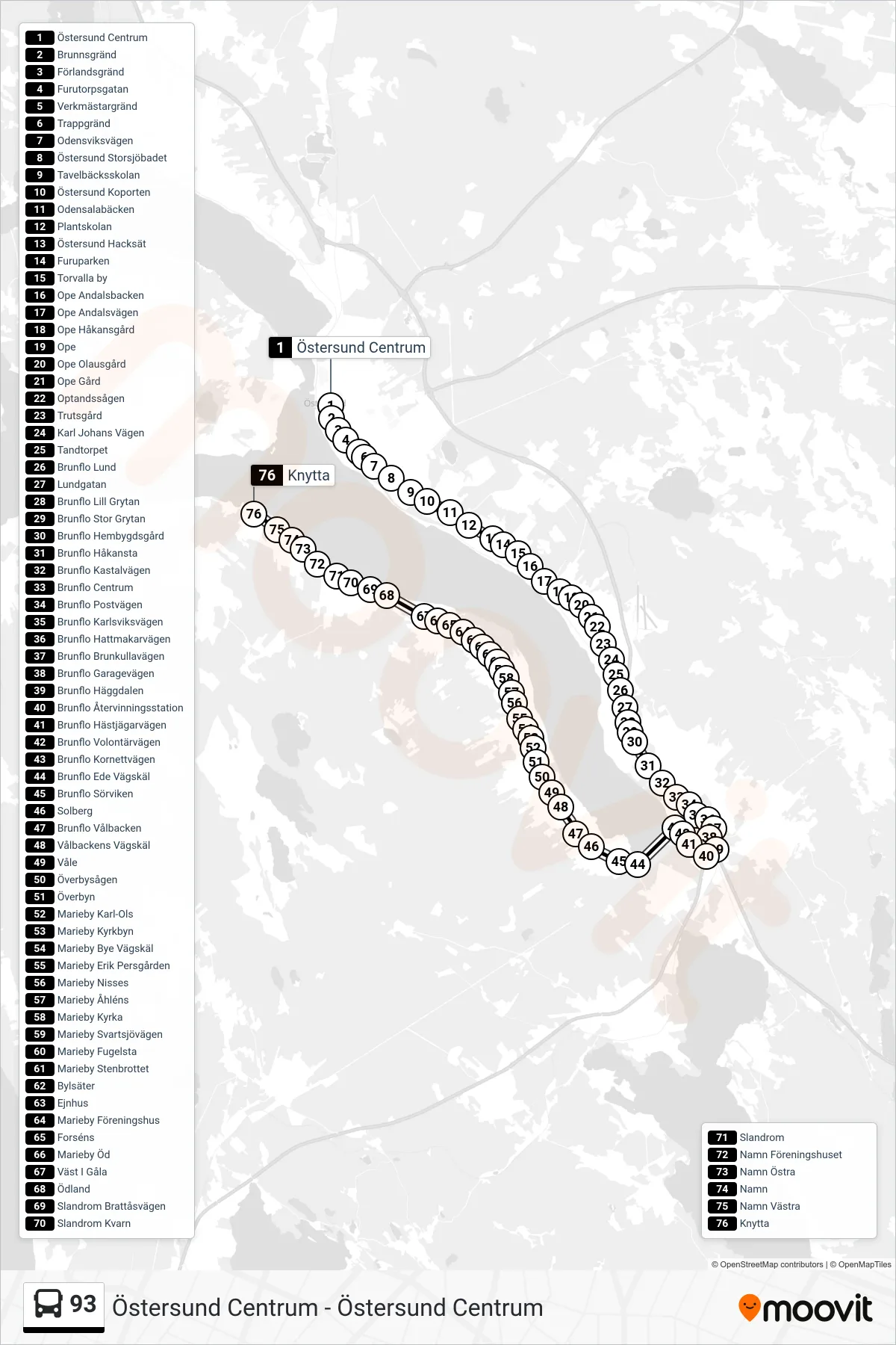 Rutt och hållplatser på karta för linje 93  spårvagn, (Knytta)