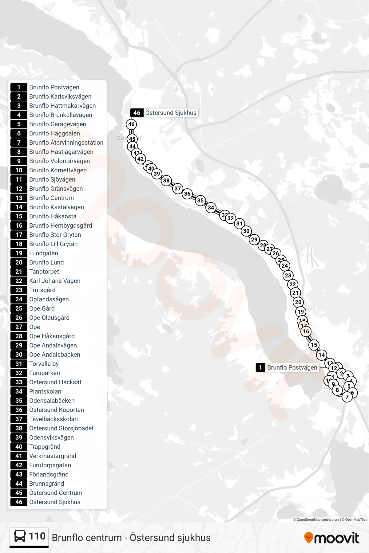 Rutt och hållplatser på karta för linje 110 spårvagn, (Östersund Sjukhus)