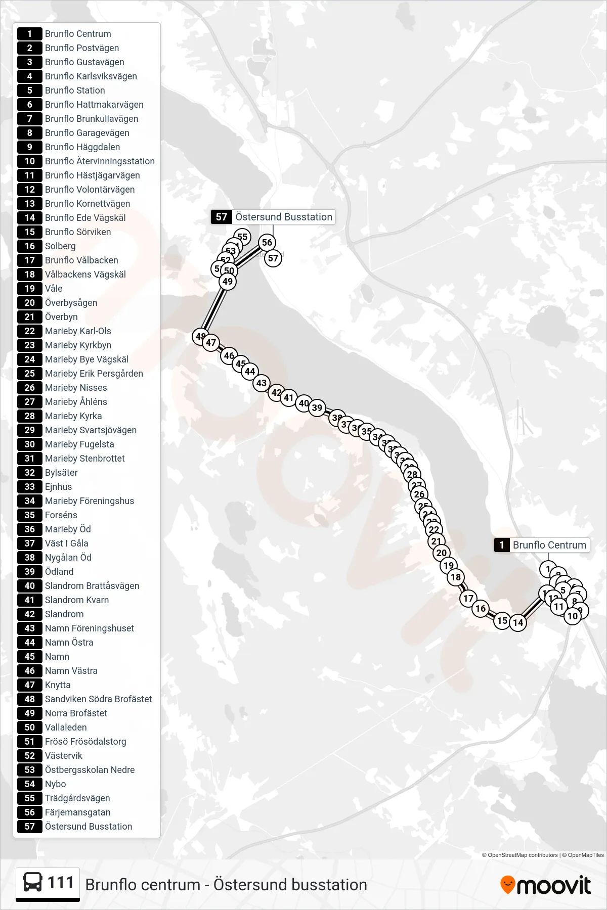 Rutt och hållplatser på karta för linje 111 spårvagn, (Östersund Busstation)